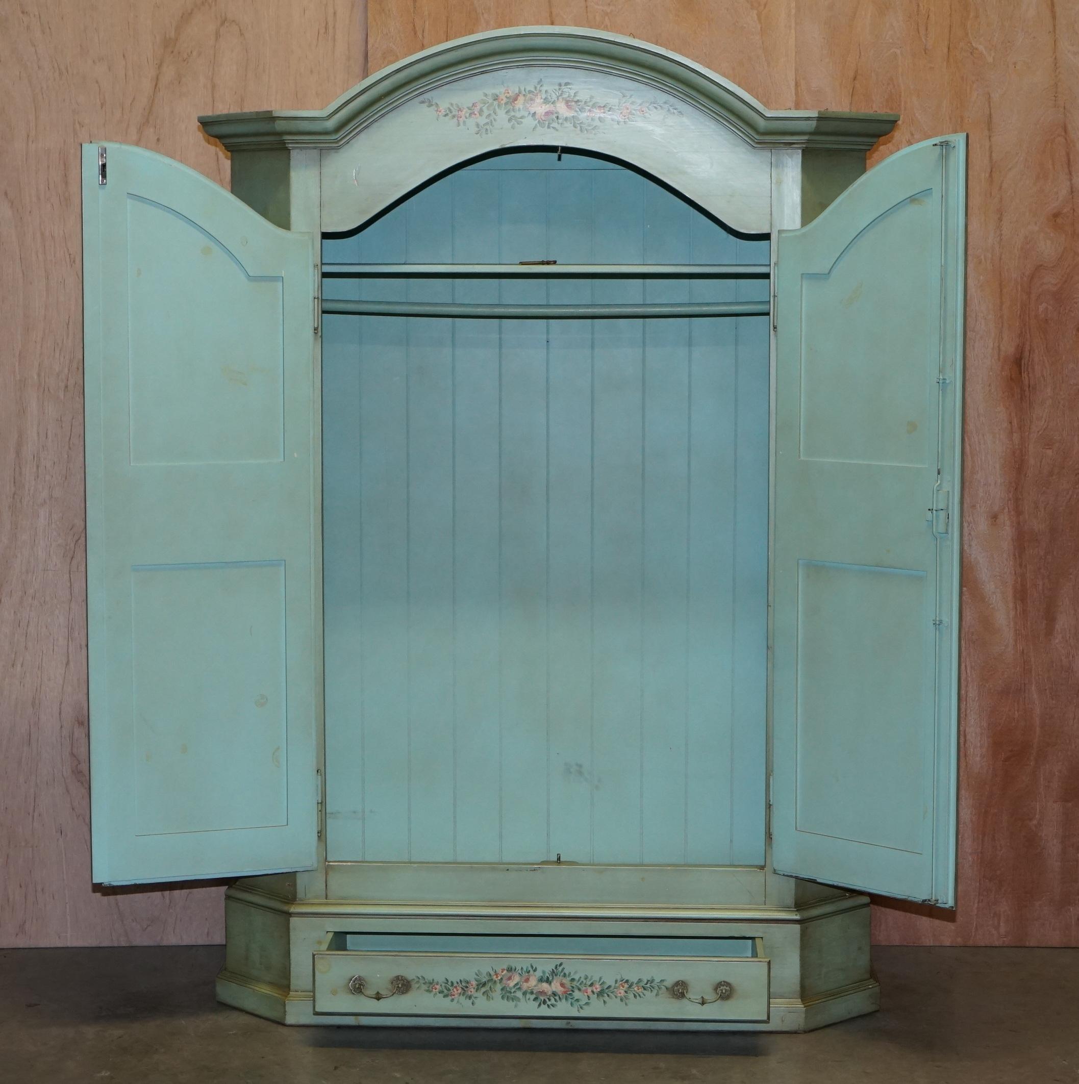 Vintage Hand Painted Blue 18th Century Style Wardrobe with Floral Detailing 2