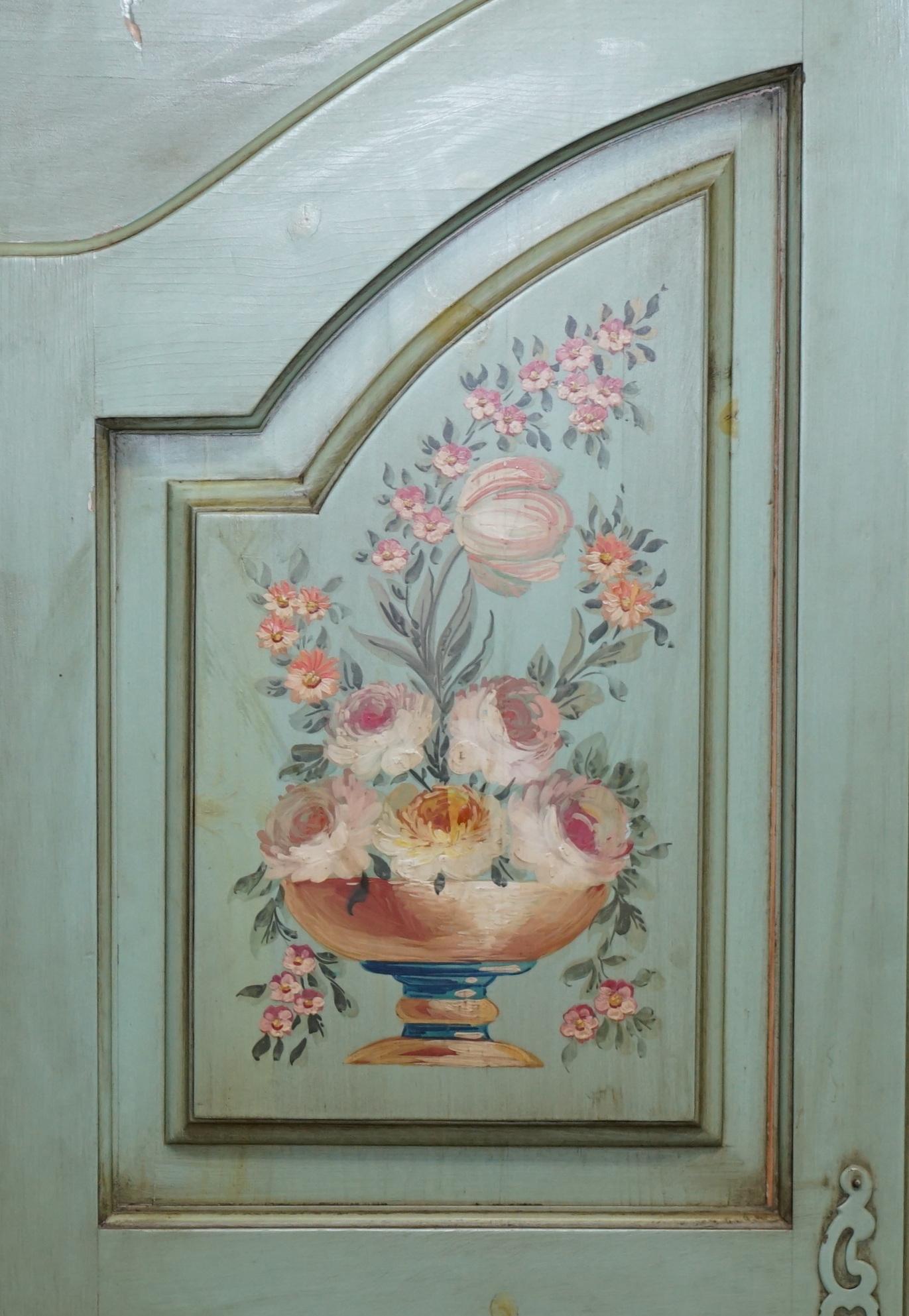 Victorian Vintage Hand Painted Blue 18th Century Style Wardrobe with Floral Detailing