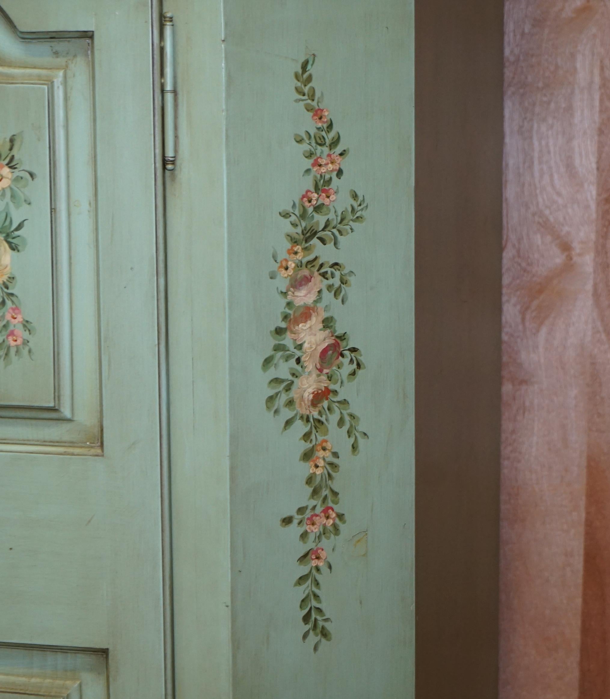 Vintage Hand Painted Blue 18th Century Style Wardrobe with Floral Detailing In Good Condition In West Sussex, Pulborough