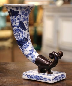 Late 20th Century French Delft-Style Ceramic and Bronze Cornucopia Vase
