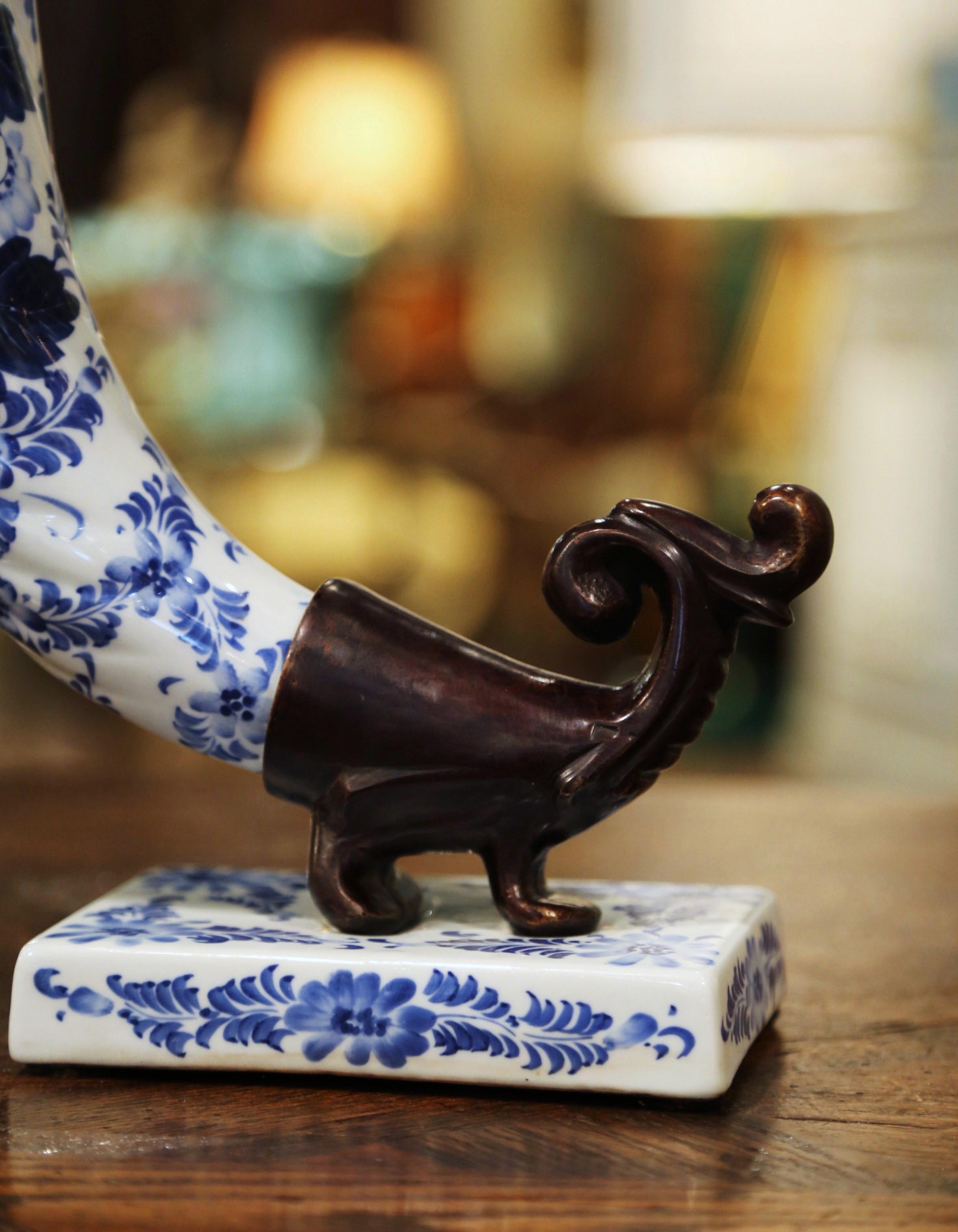 French Vintage Hand Painted Blue and White Faience and Bronze Cornucopia Vase For Sale