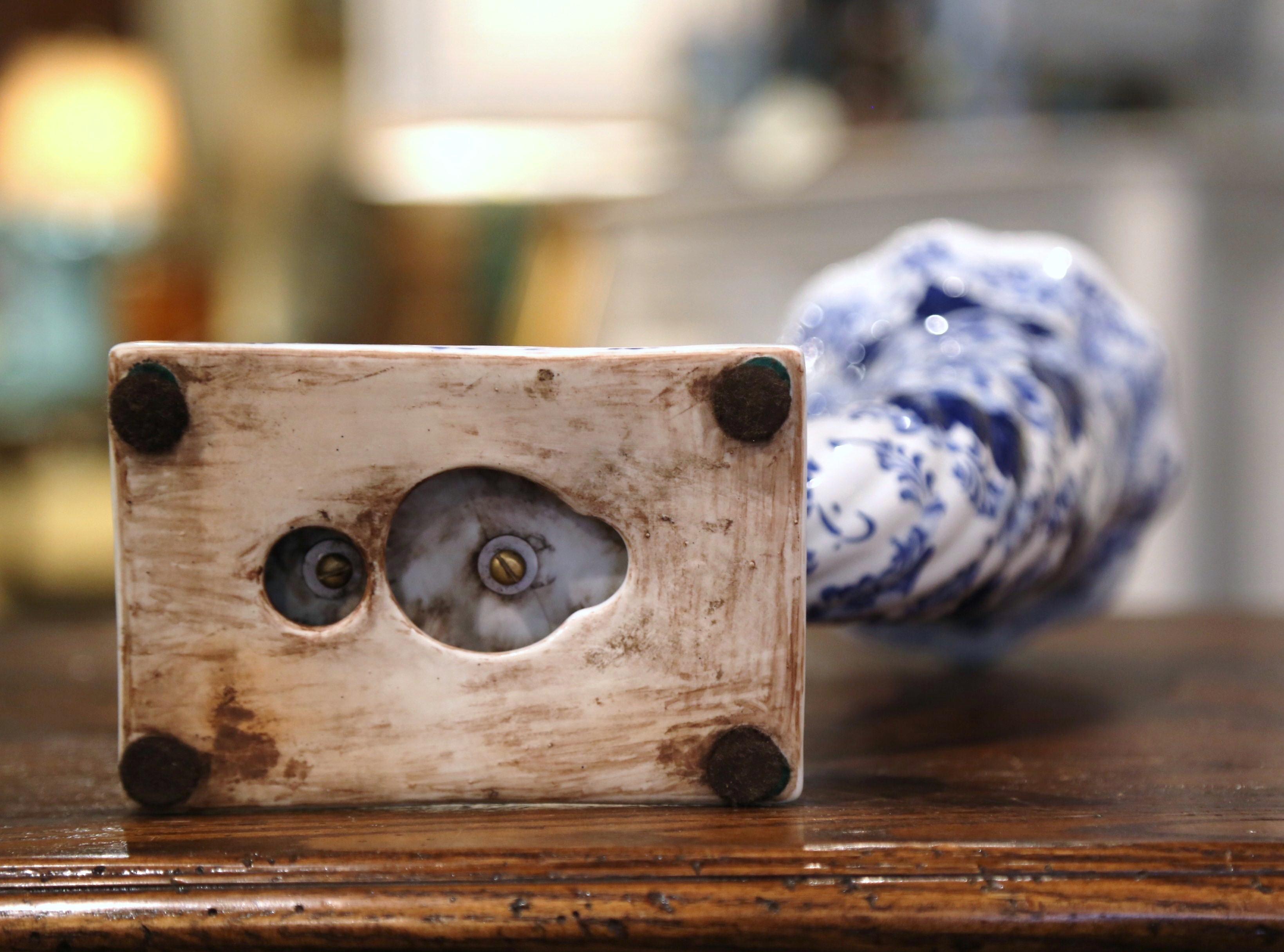 Vintage Hand Painted Blue and White Faience and Bronze Cornucopia Vase In Excellent Condition For Sale In Dallas, TX