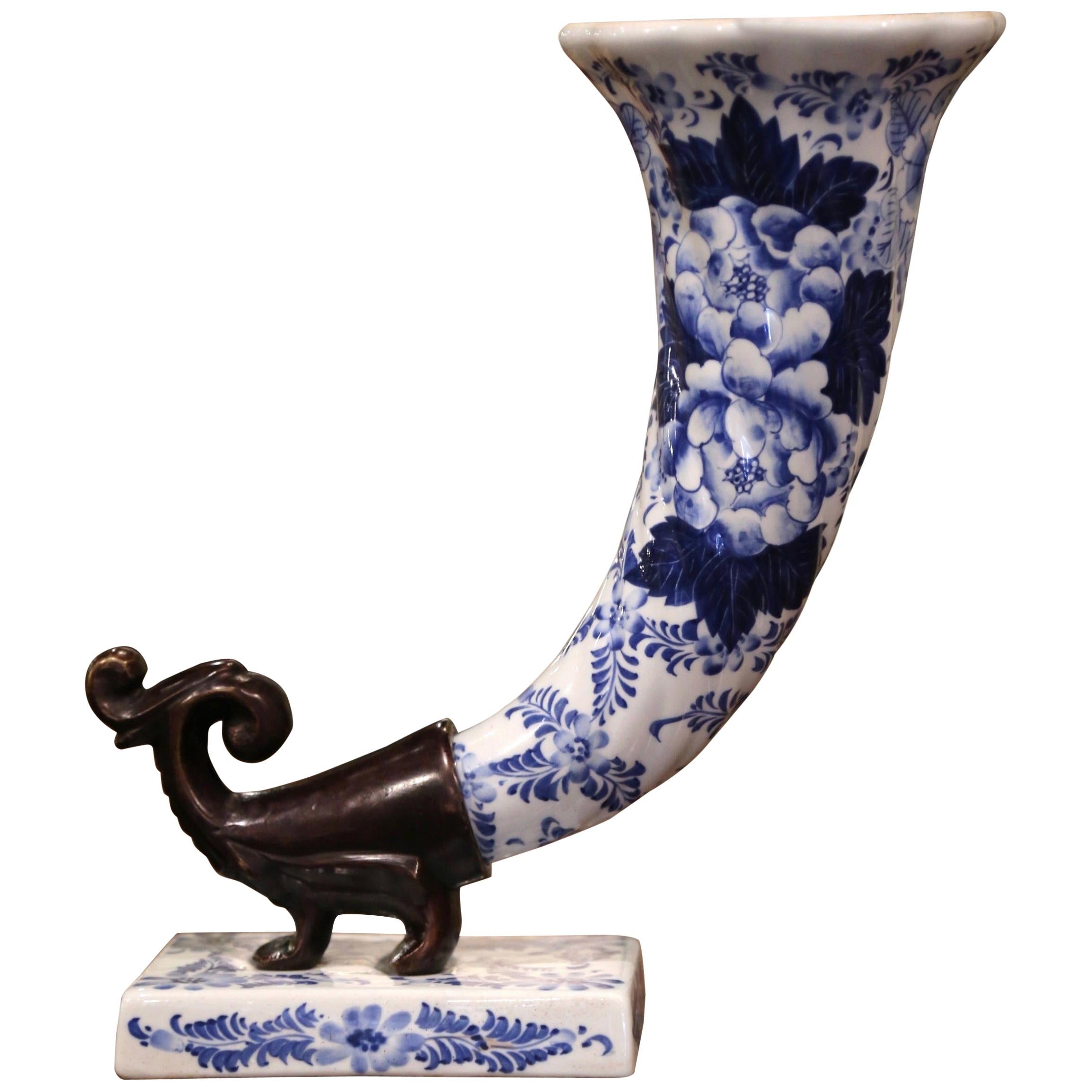 Late 20th Century French Delft-Style Ceramic and Bronze Cornucopia Vase For Sale