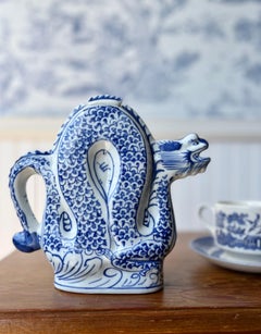 Vintage Hand Painted Blue and White Porcelain Chinese Dragon Teapot