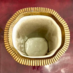 Vintage Hand Painted Blue and White Vase With Burnished Brass Detailing