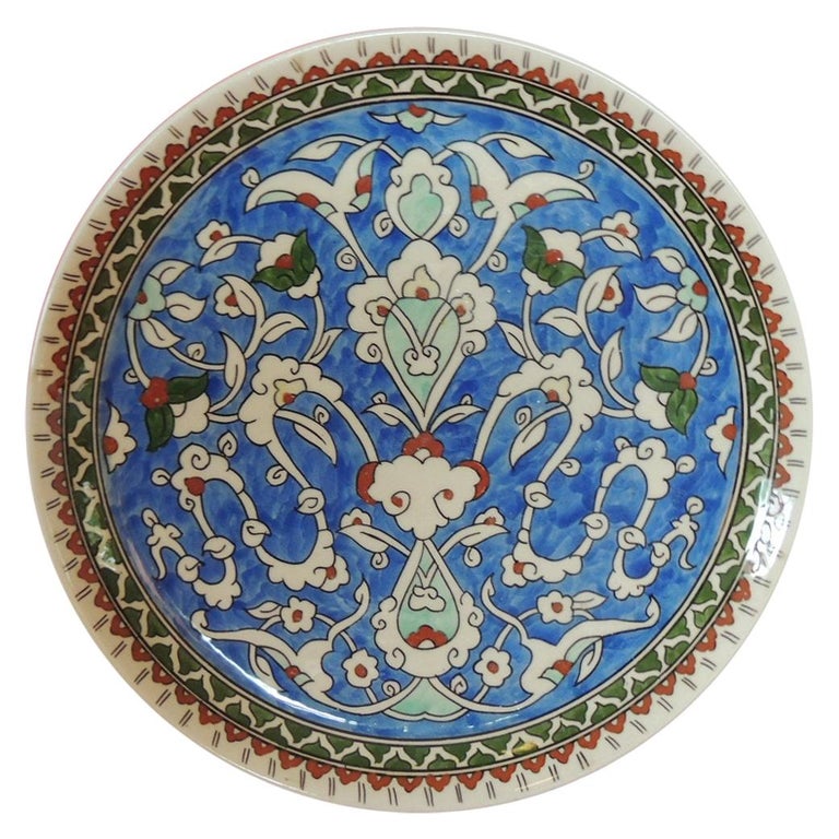 Vintage Hand Painted Blue Turkish Round Decorative Hanging Plate at 1stDibs