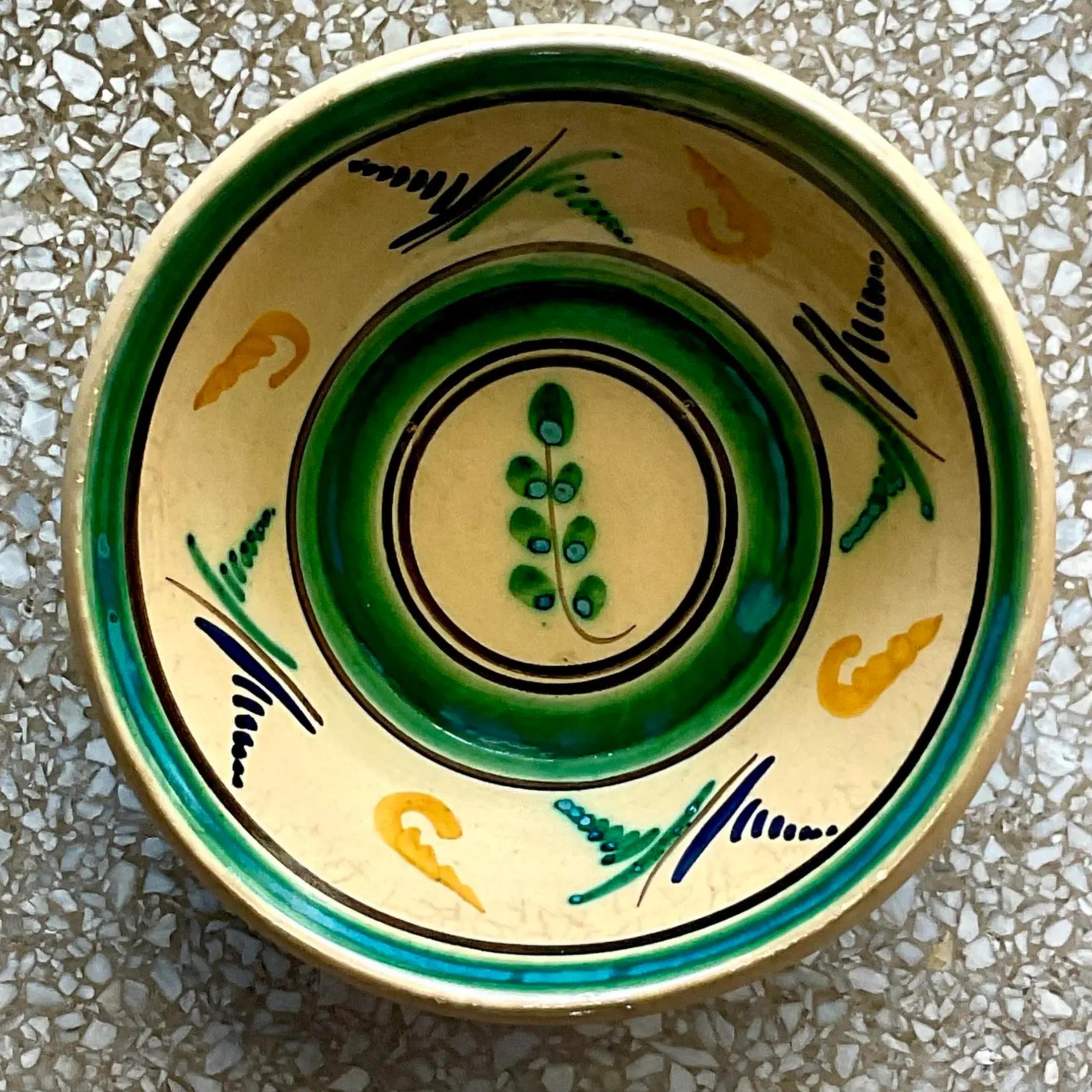 Bohemian Vintage Hand-Painted Boho Glazed Ceramic Bowl For Sale