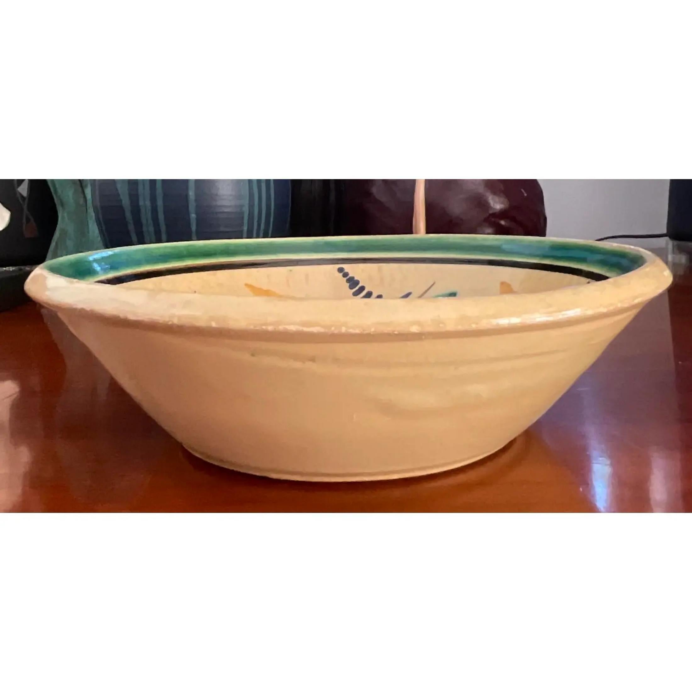 Spanish Vintage Hand-Painted Boho Glazed Ceramic Bowl For Sale