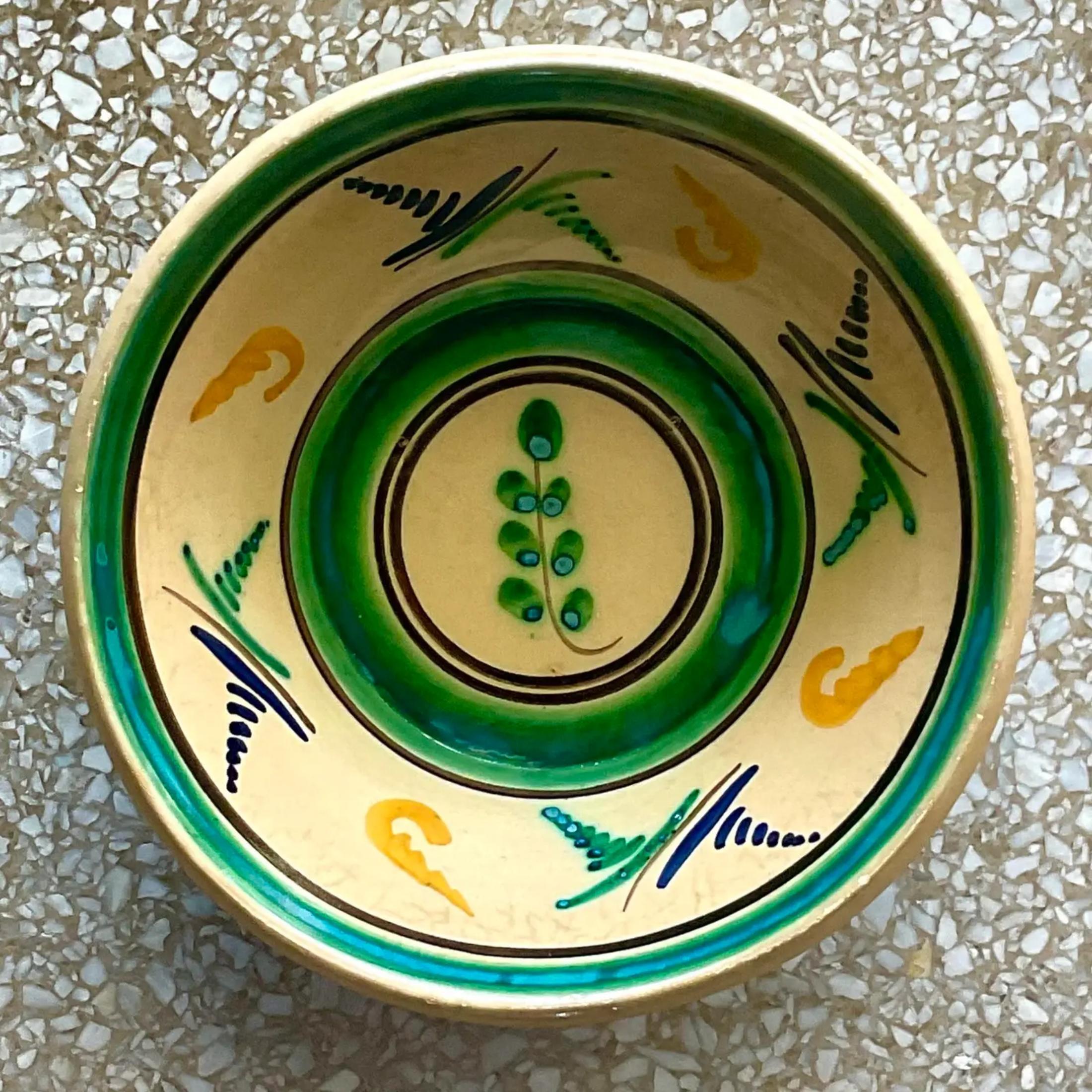 Vintage Hand-Painted Boho Glazed Ceramic Bowl In Good Condition For Sale In west palm beach, FL
