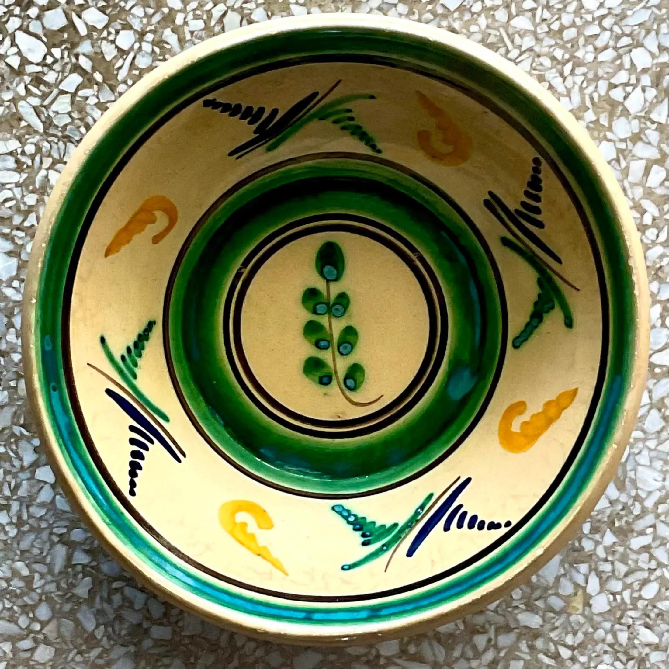 20th Century Vintage Hand-Painted Boho Glazed Ceramic Bowl For Sale