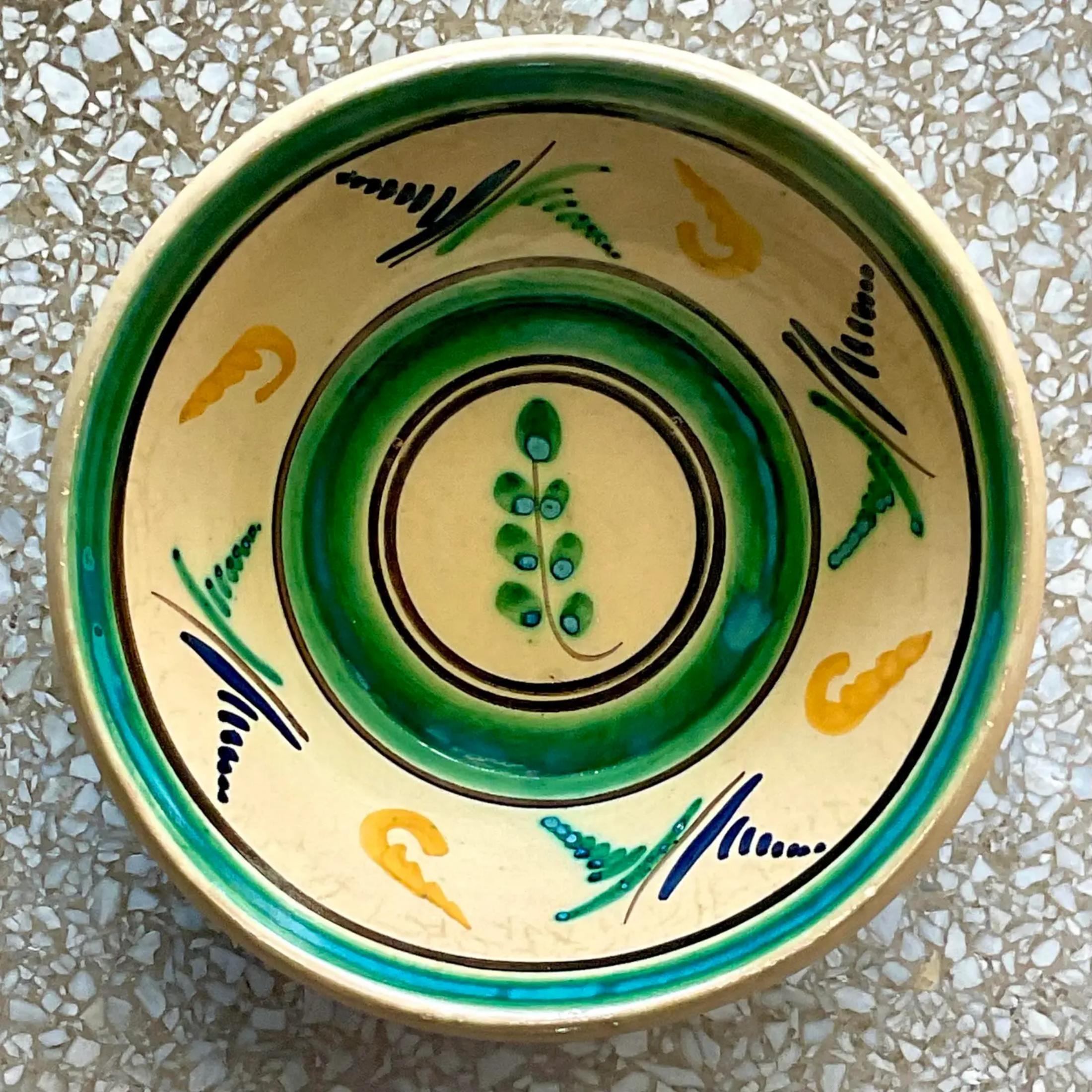 Vintage Hand-Painted Boho Glazed Ceramic Bowl For Sale 1