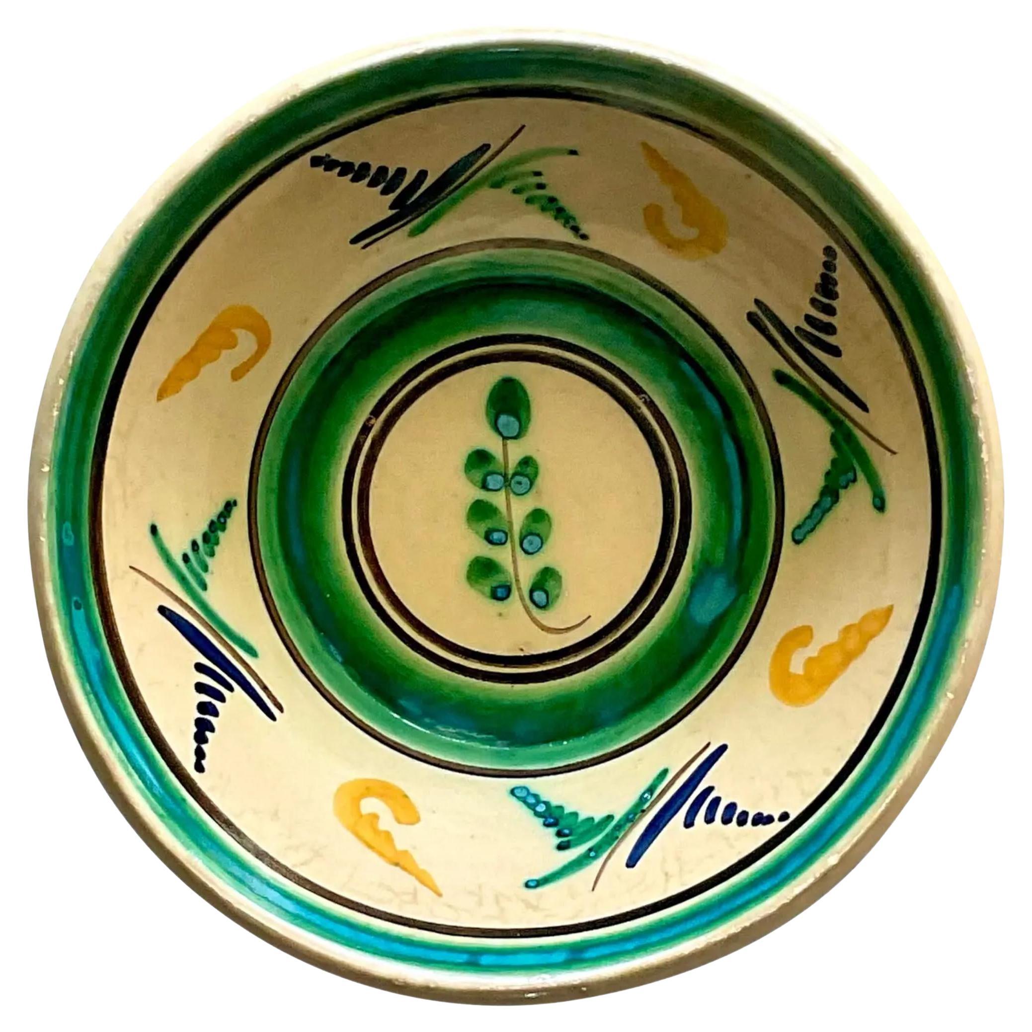 Vintage Hand-Painted Boho Glazed Ceramic Bowl For Sale