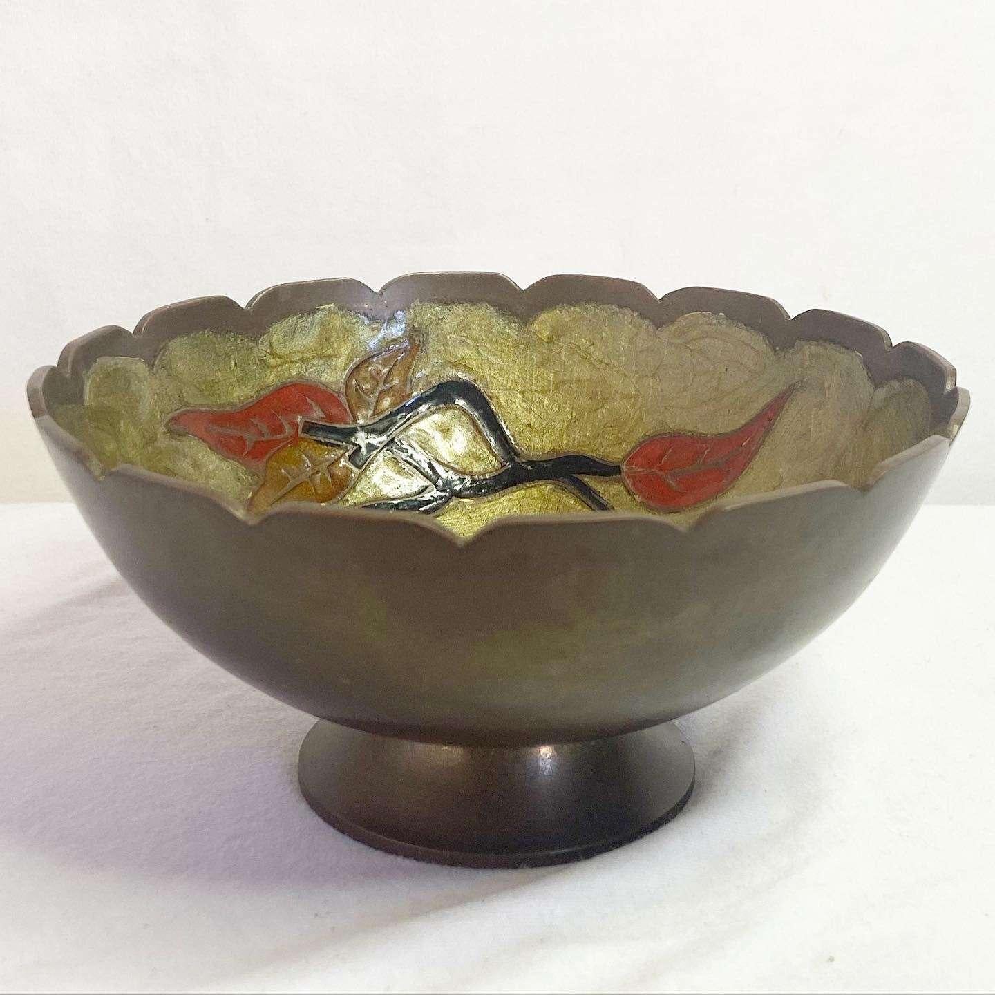 Mid-Century Modern Vintage Hand Painted Brass Floral Bowl/Catchall For Sale