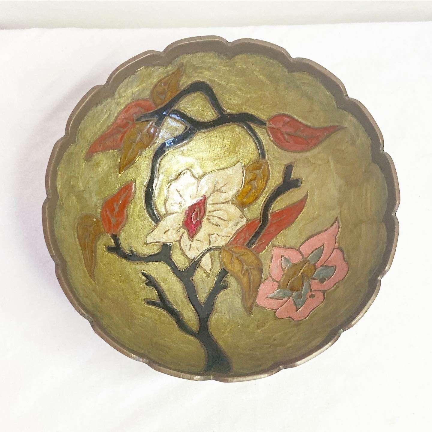 Mid-20th Century Vintage Hand Painted Brass Floral Bowl/Catchall For Sale