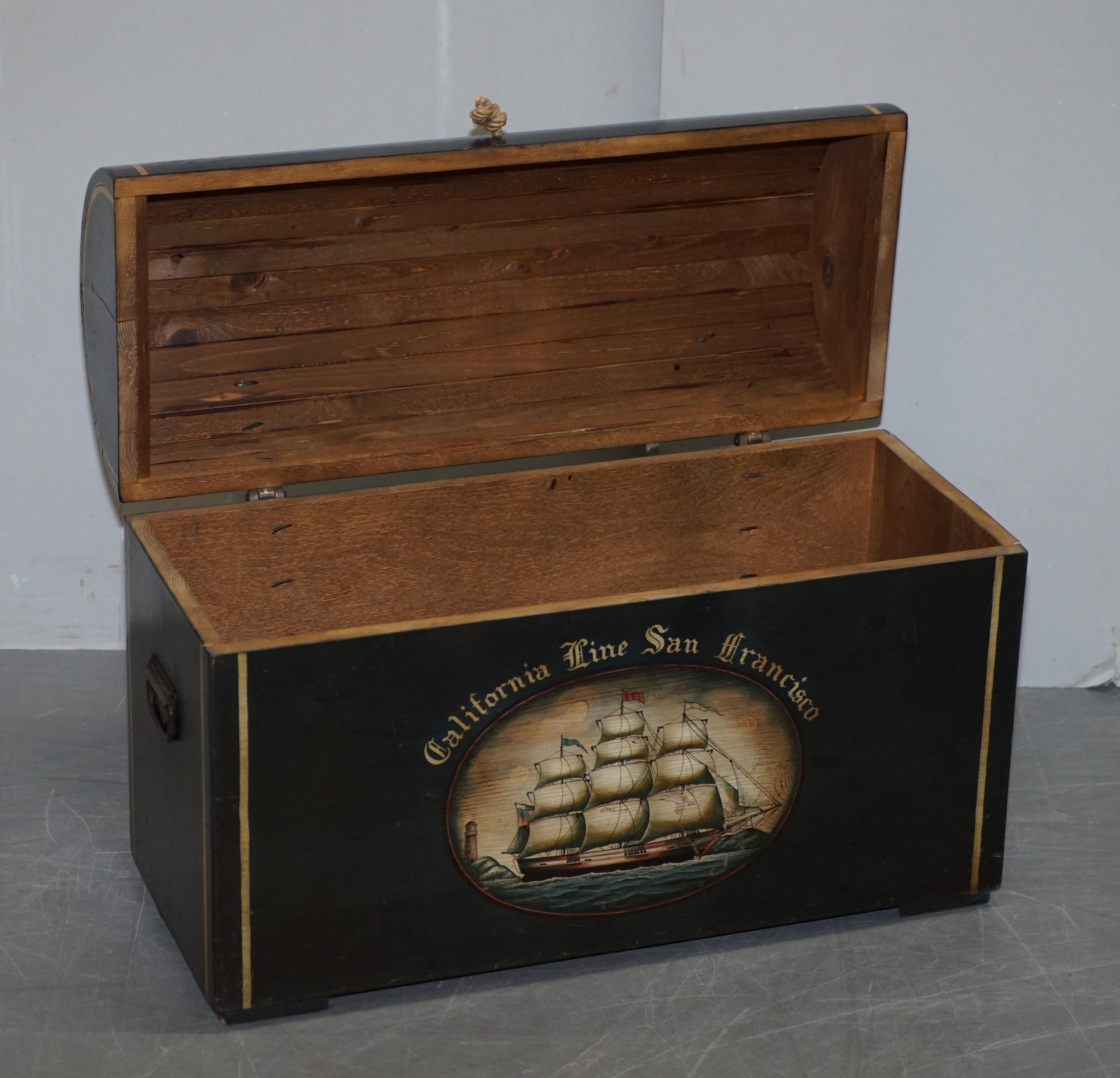Pine Vintage Hand Painted California Line San Francisco Steamer Trunk Chest Toy Box For Sale