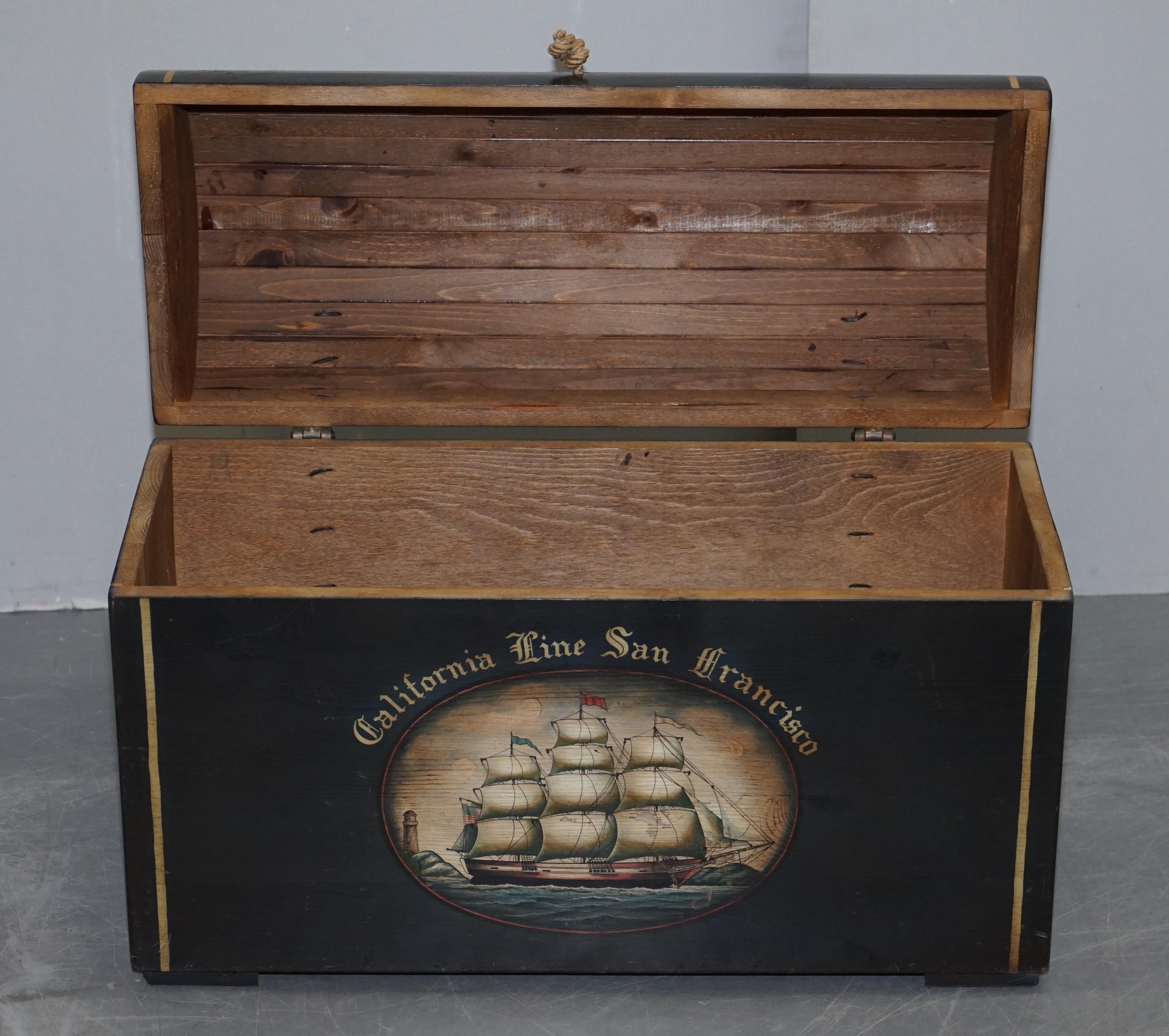 Vintage Hand Painted California Line San Francisco Steamer Trunk Chest Toy Box For Sale 1