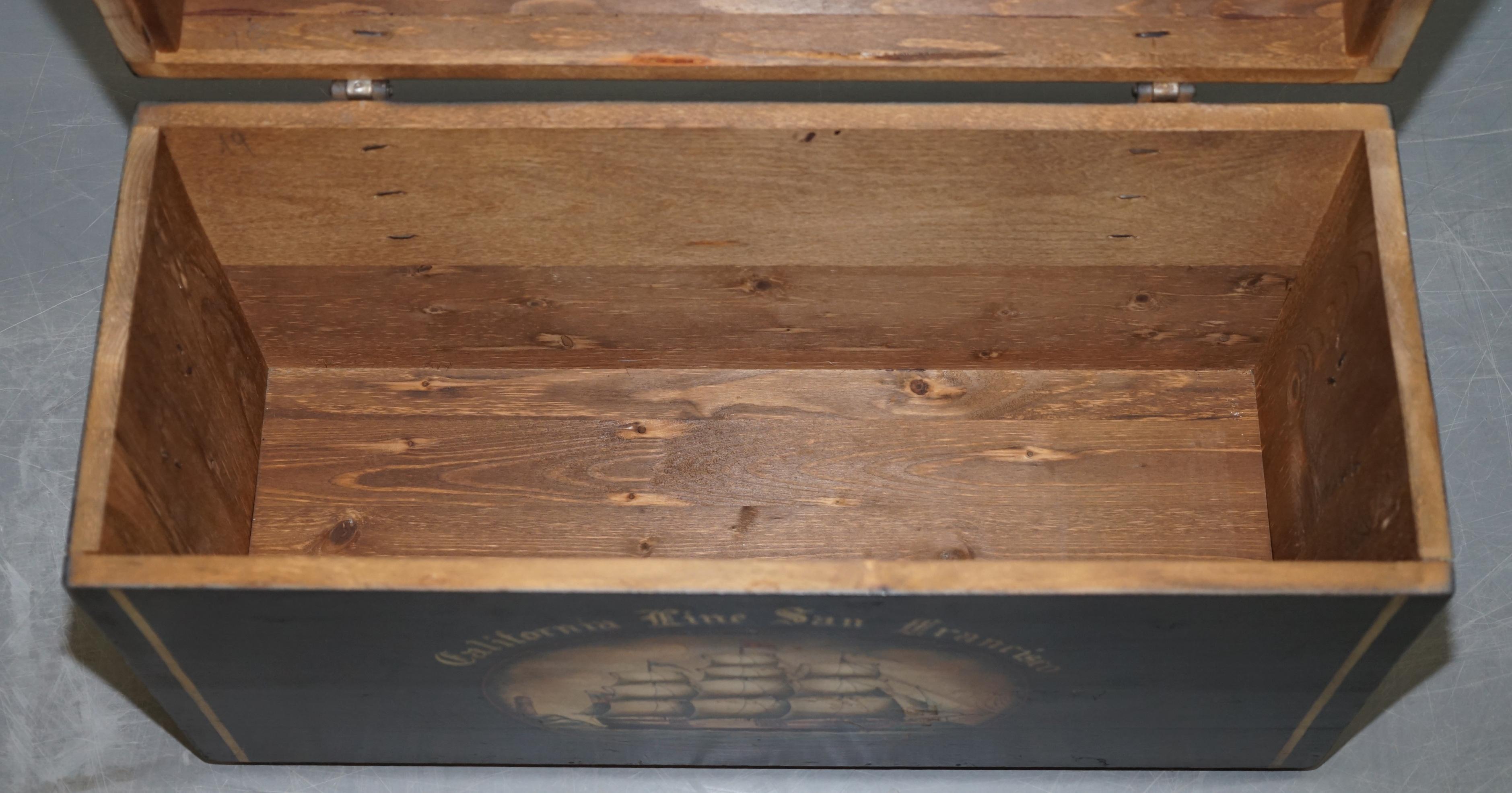 Vintage Hand Painted California Line San Francisco Steamer Trunk Chest Toy Box For Sale 1