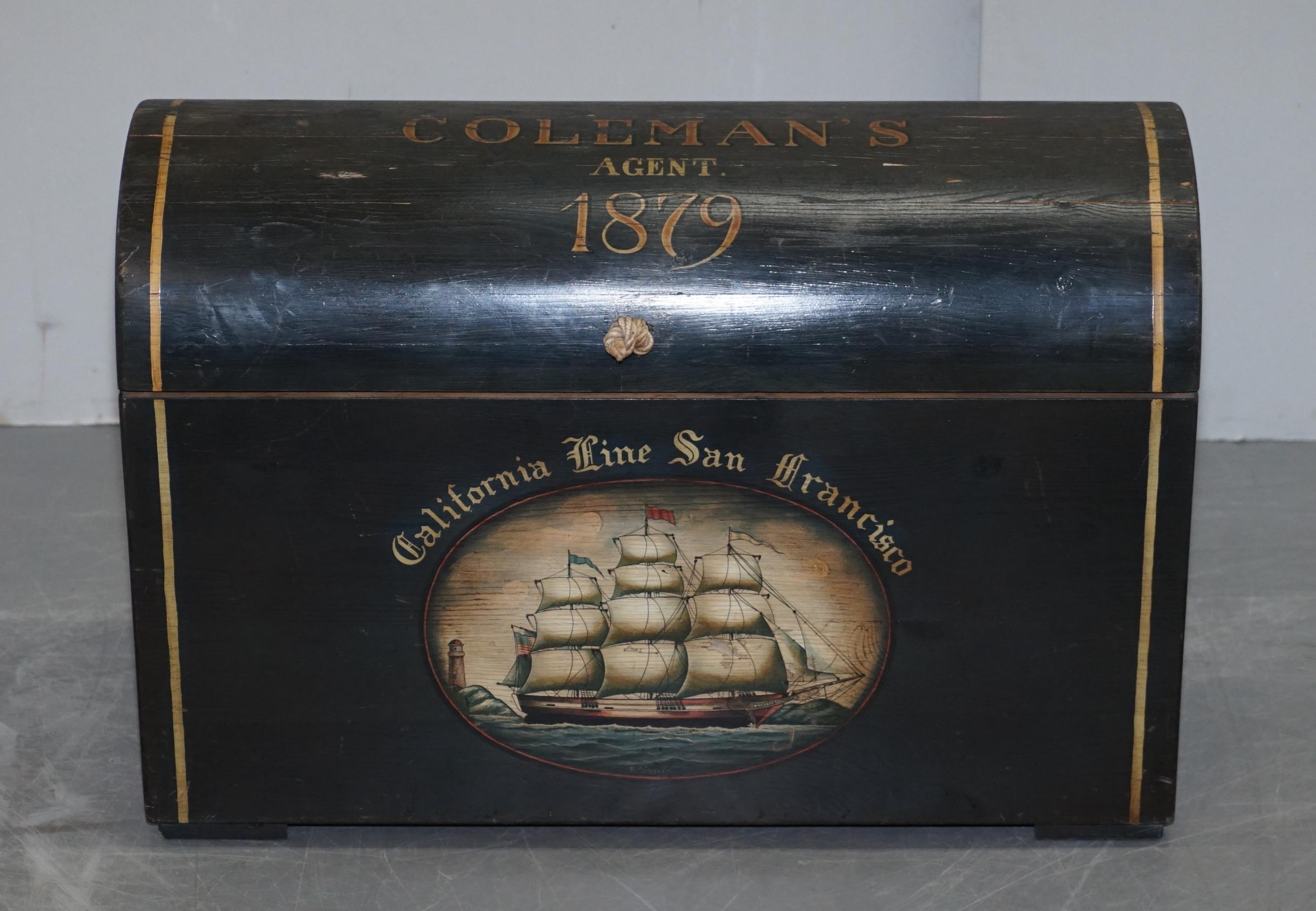 We are delighted to offer for sale this lovely hand painted vintage steamer trunk with nautical decoration depicting the California Line to San Francisco 

This is a vintage piece designed to look antique, it is hand painted, made with pine and