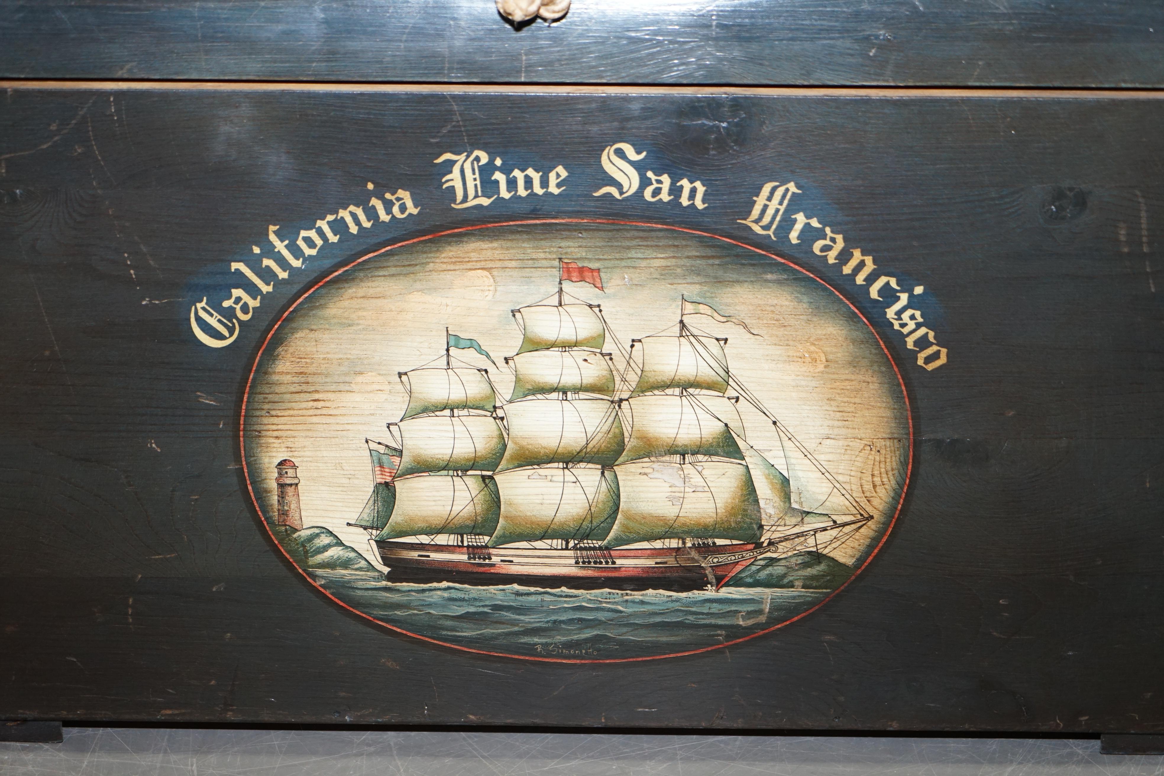Victorian Vintage Hand Painted California Line San Francisco Steamer Trunk Chest Toy Box For Sale
