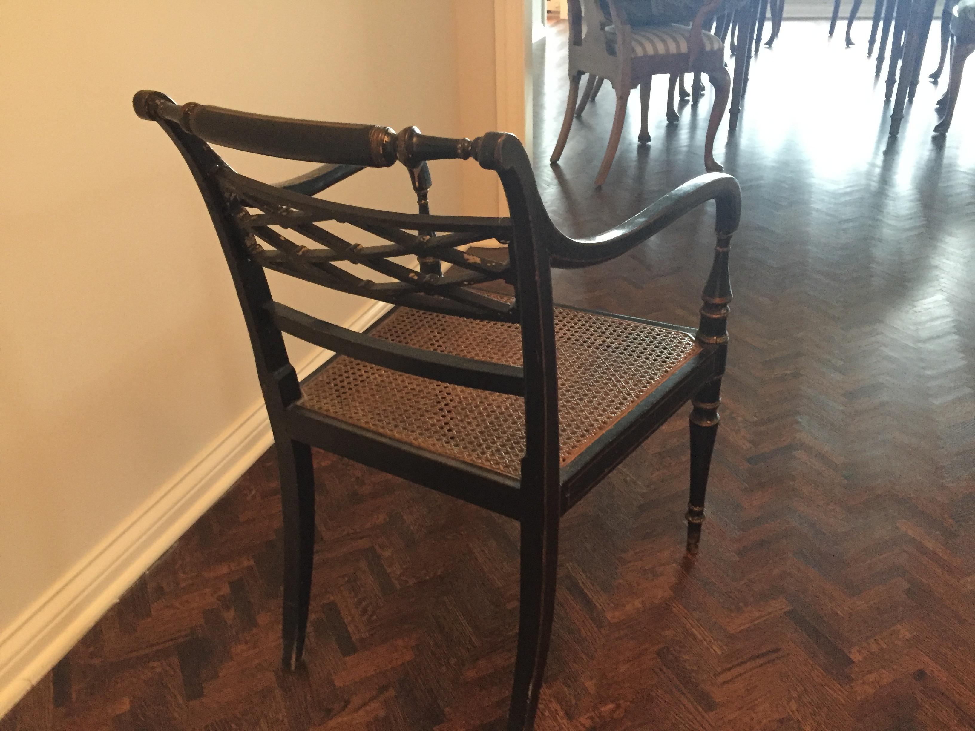 French Black Hand Painted Caned Seat Armchair For Sale