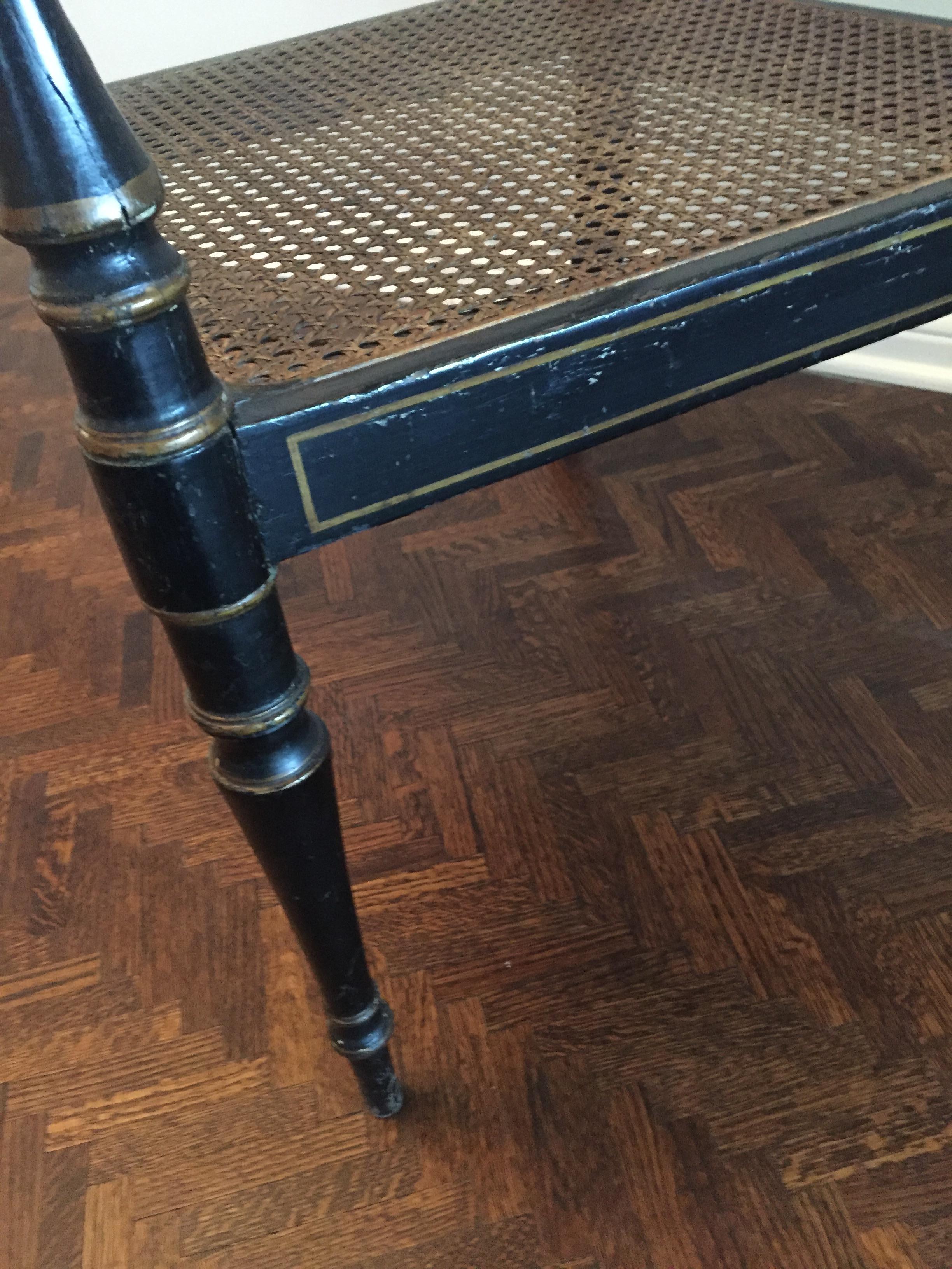 Black Hand Painted Caned Seat Armchair In Fair Condition For Sale In Chicago, IL
