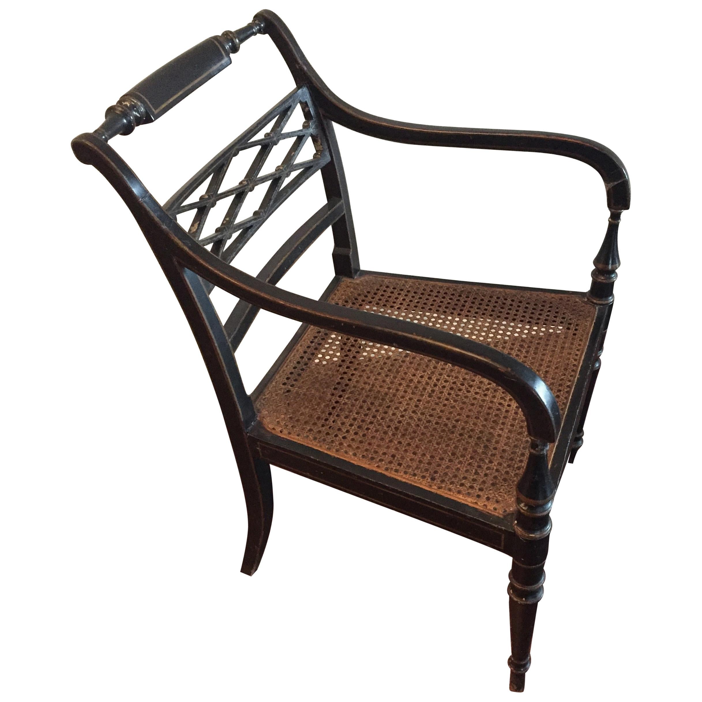 Black Hand Painted Caned Seat Armchair For Sale