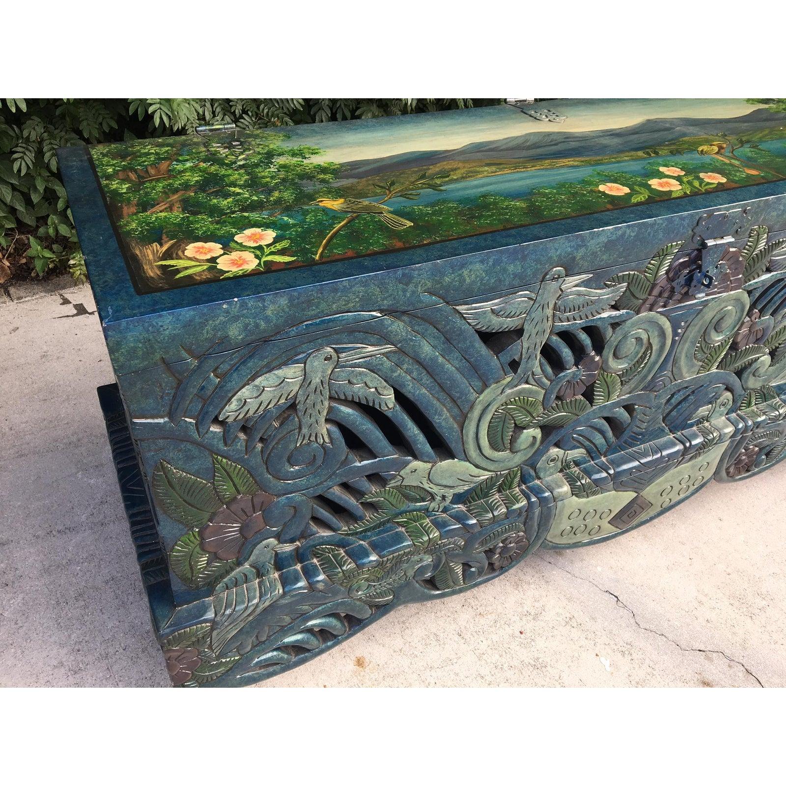 Hollywood Regency Vintage Hand Painted Carved Chinoiserie Trunk