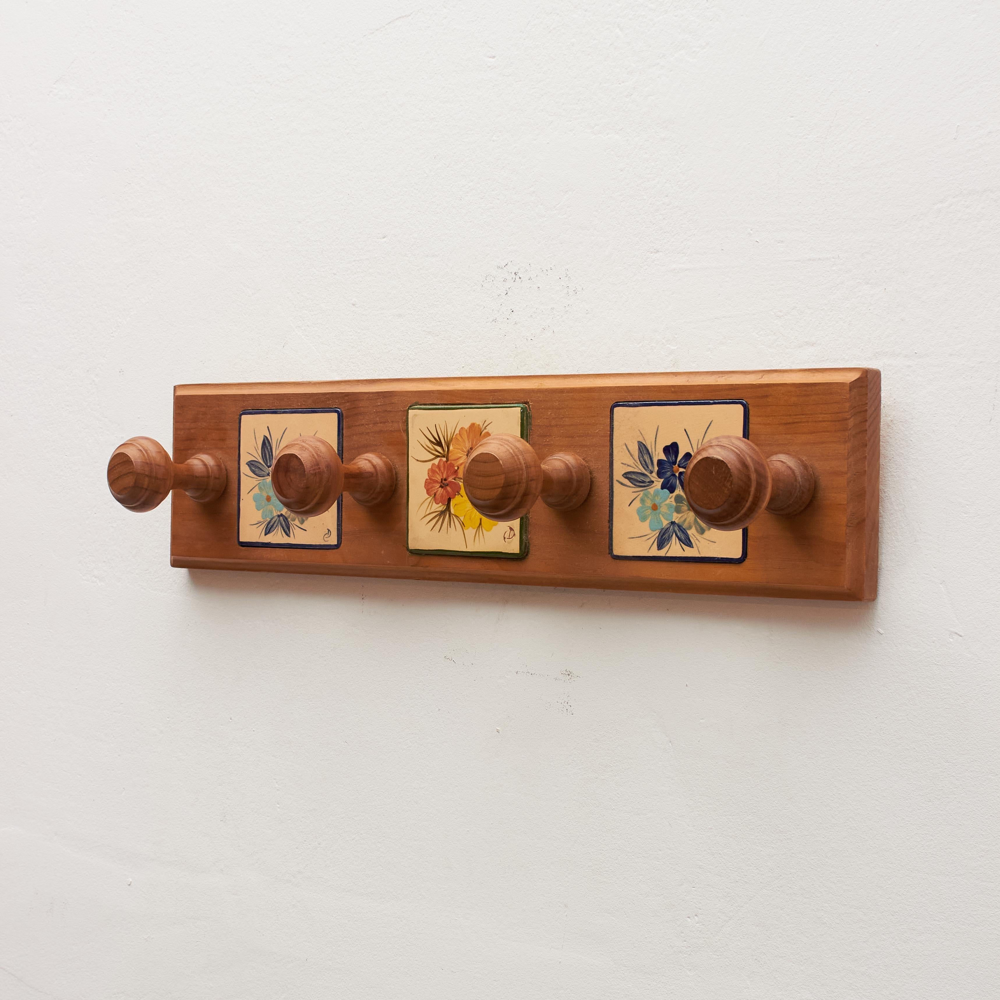 Mid-Century Modern Vintage Hand-Painted Ceramic and Wood Hanger by Catalan Artist Diaz Costa For Sale