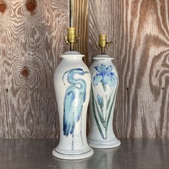 Vintage Hand Painted Ceramic Crane Bamboo Motif - Pair