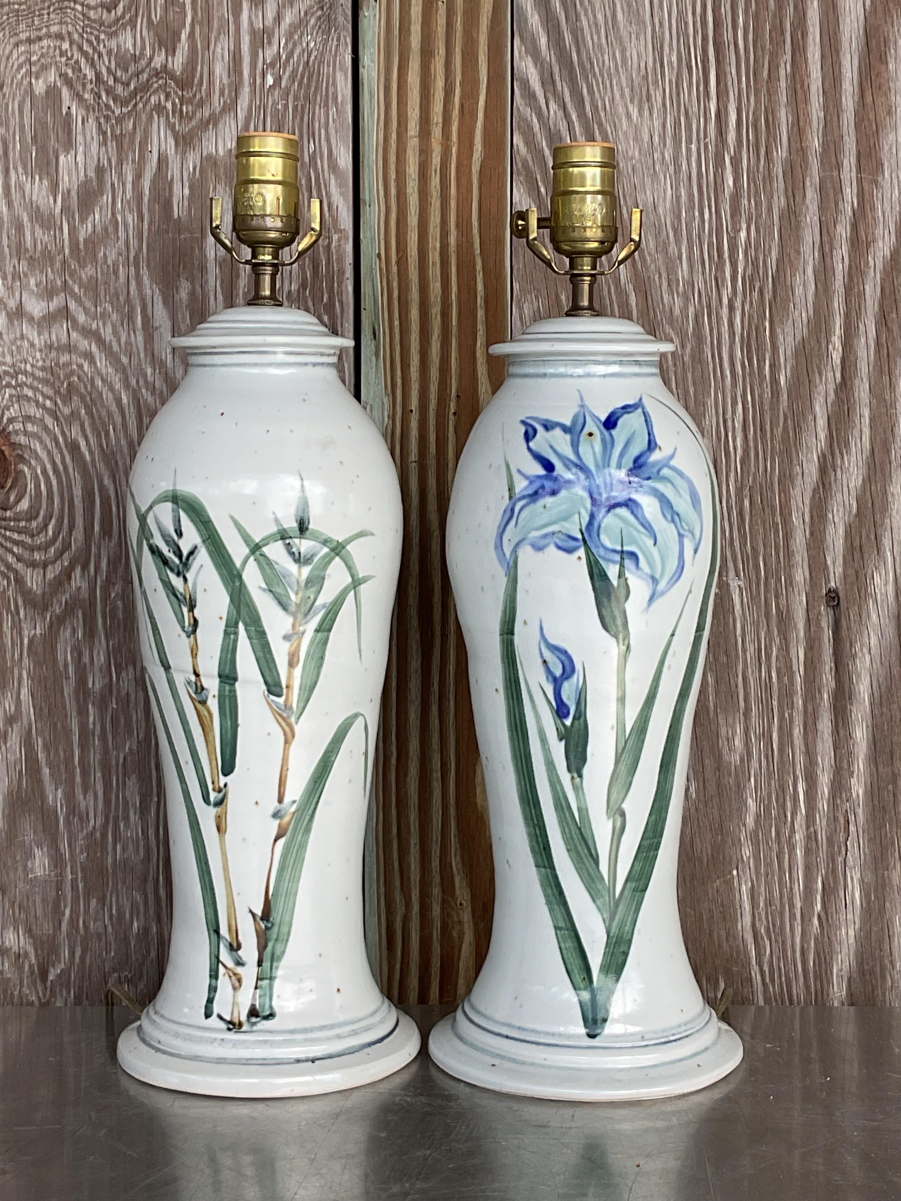 American Vintage Hand Painted Ceramic Crane Bamboo Motif - Pair For Sale