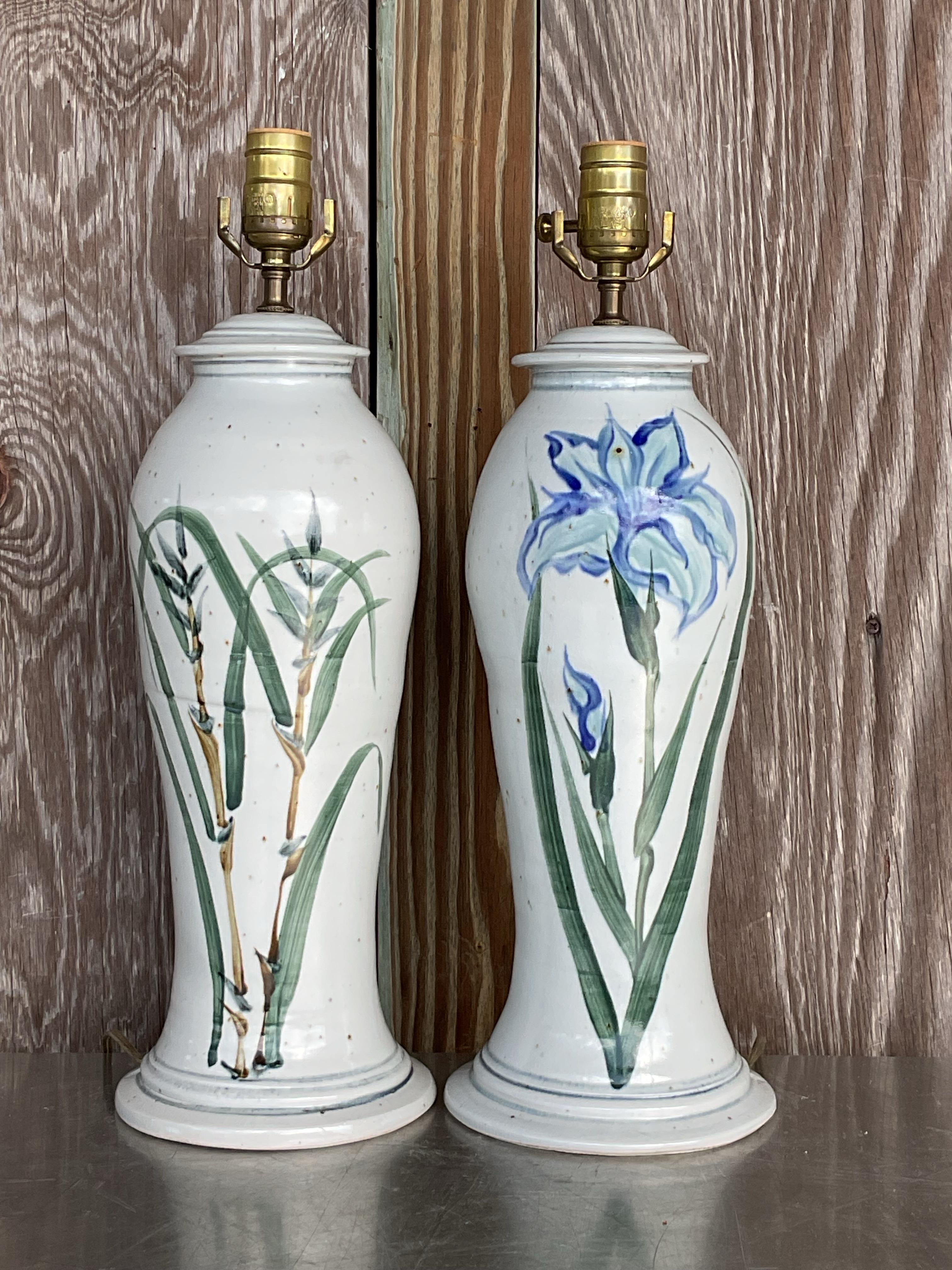 Vintage Hand Painted Ceramic Crane Bamboo Motif - Pair In Good Condition For Sale In west palm beach, FL