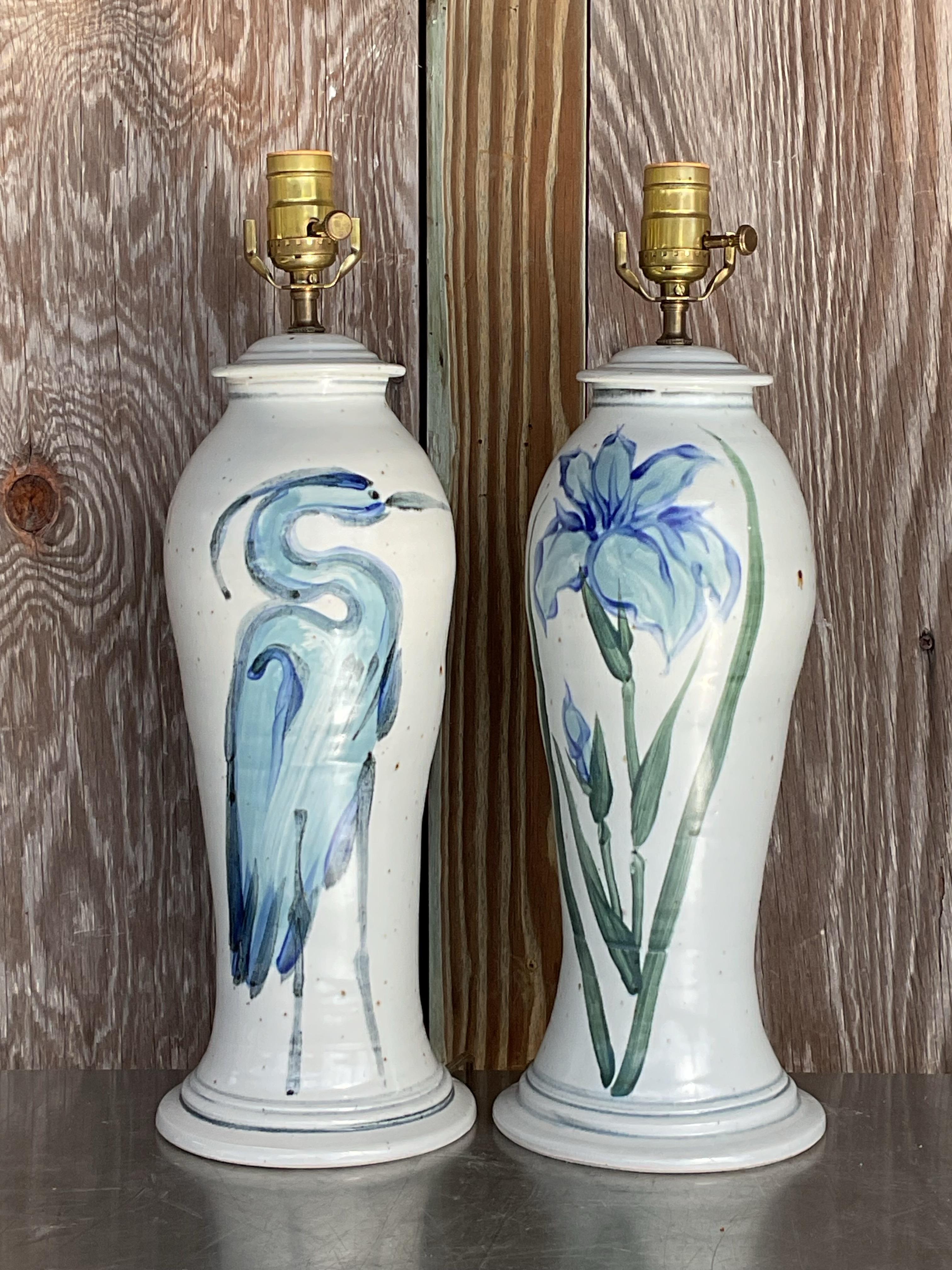 20th Century Vintage Hand Painted Ceramic Crane Bamboo Motif - Pair For Sale