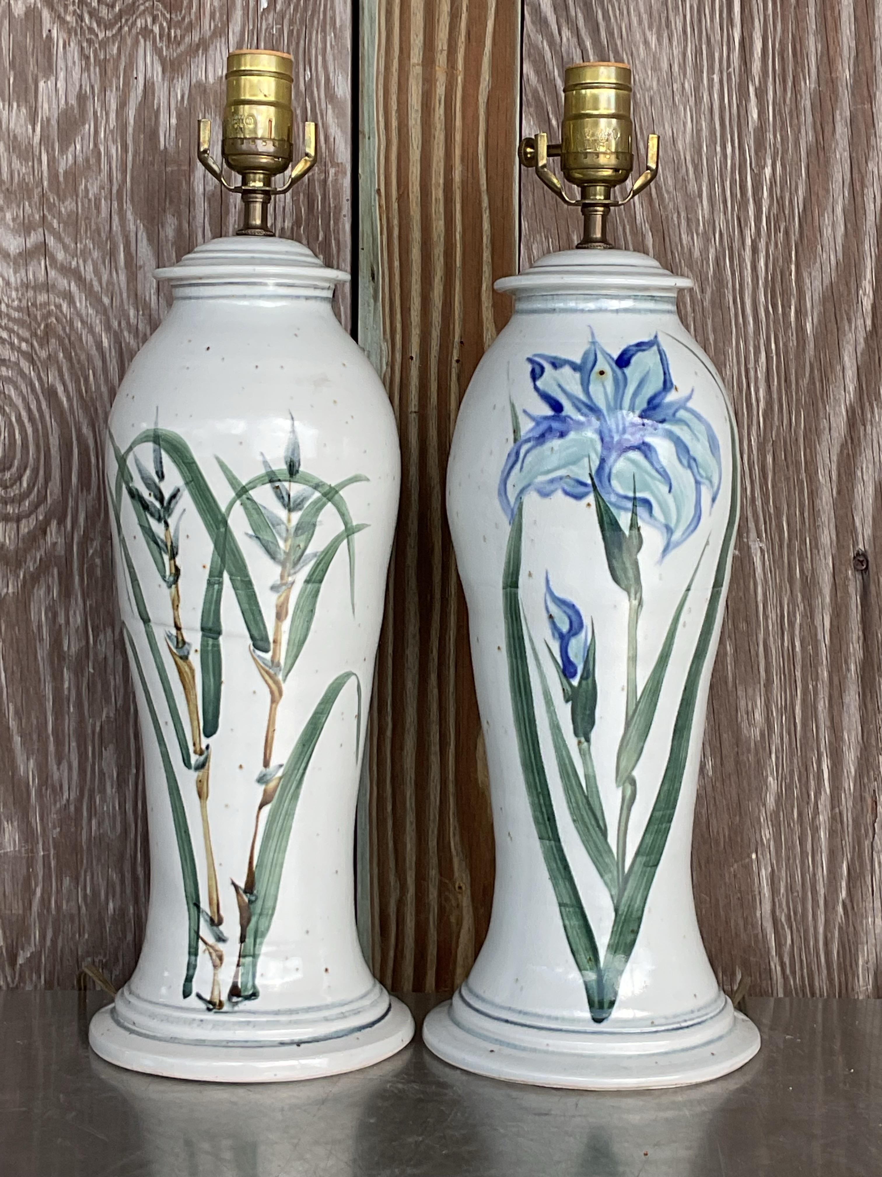 Vintage Hand Painted Ceramic Crane Bamboo Motif - Pair For Sale 1