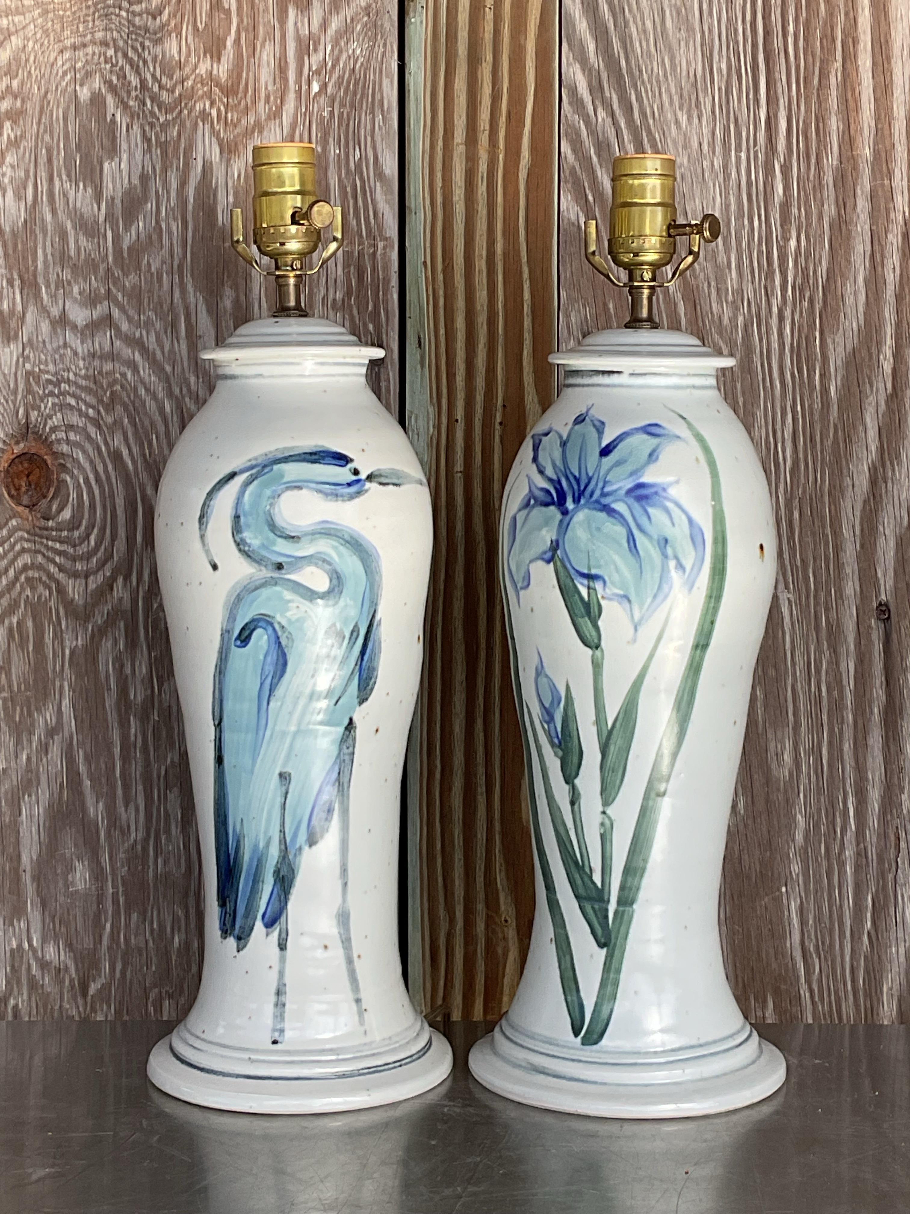 Vintage Hand Painted Ceramic Crane Bamboo Motif - Pair For Sale 2