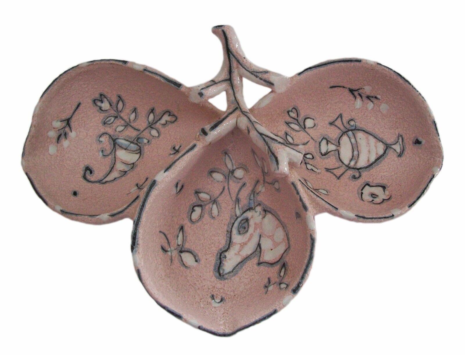 FRATELLI FANCIULLACCI - Exceptional hand painted lemon form ceramic dish - featuring a stylized deer and cornucopia and vase with flowers and butterfly - a branch connects each compartment (lemon form) - textured pink glaze - signed - 'Italy' and