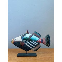 Vintage Hand Painted Ceramic Fish Sculpture on Stand