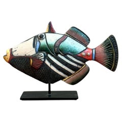 Vintage Hand Painted Ceramic Fish Sculpture on Stand
