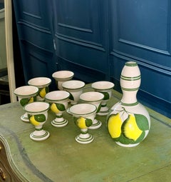 Vintage Hand-Painted Ceramic Lemon Carafe With Nine Small Matching Goblets