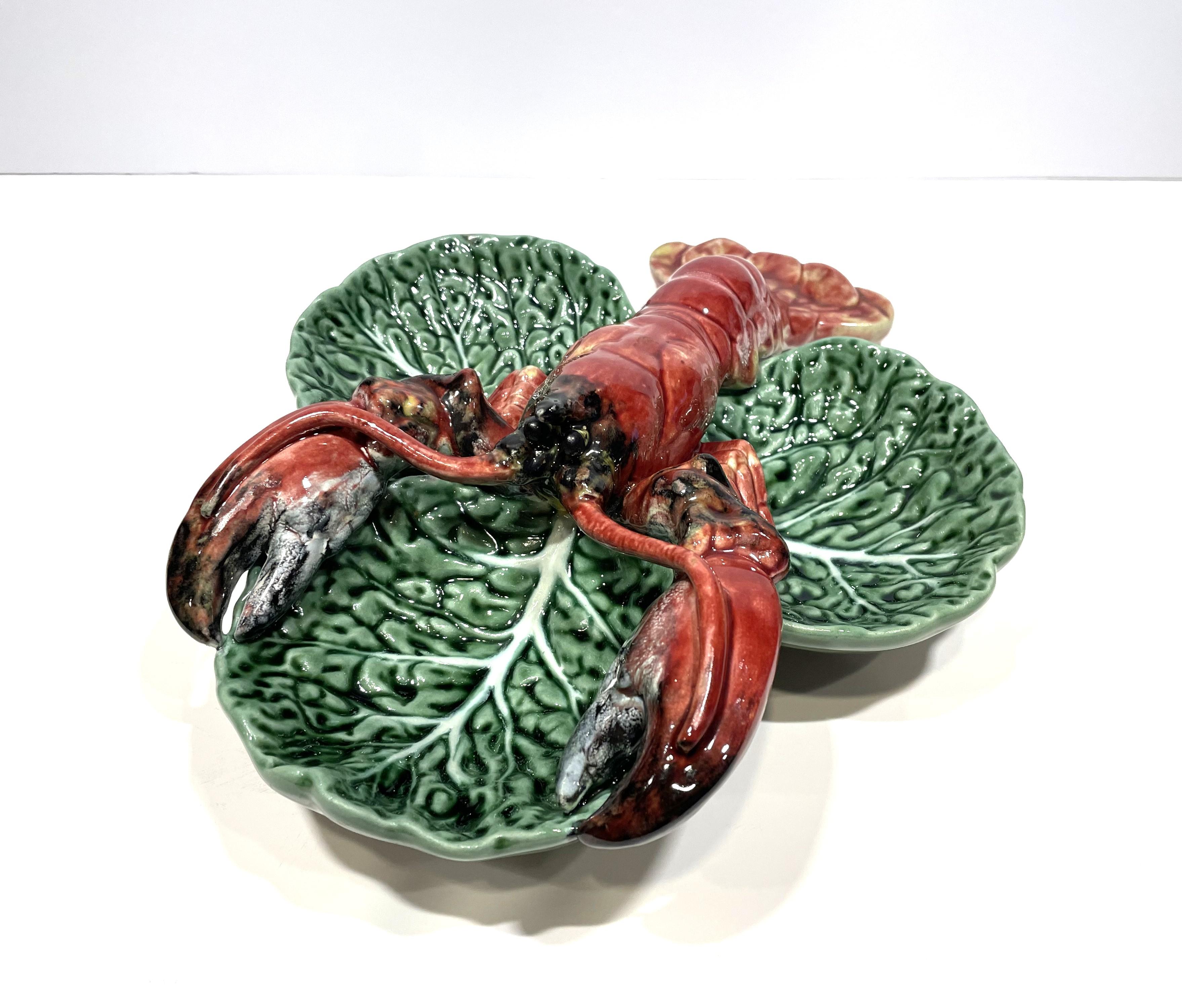 Organic Modern Vintage Hand-Painted Ceramic Lobster Serving Dish For Sale