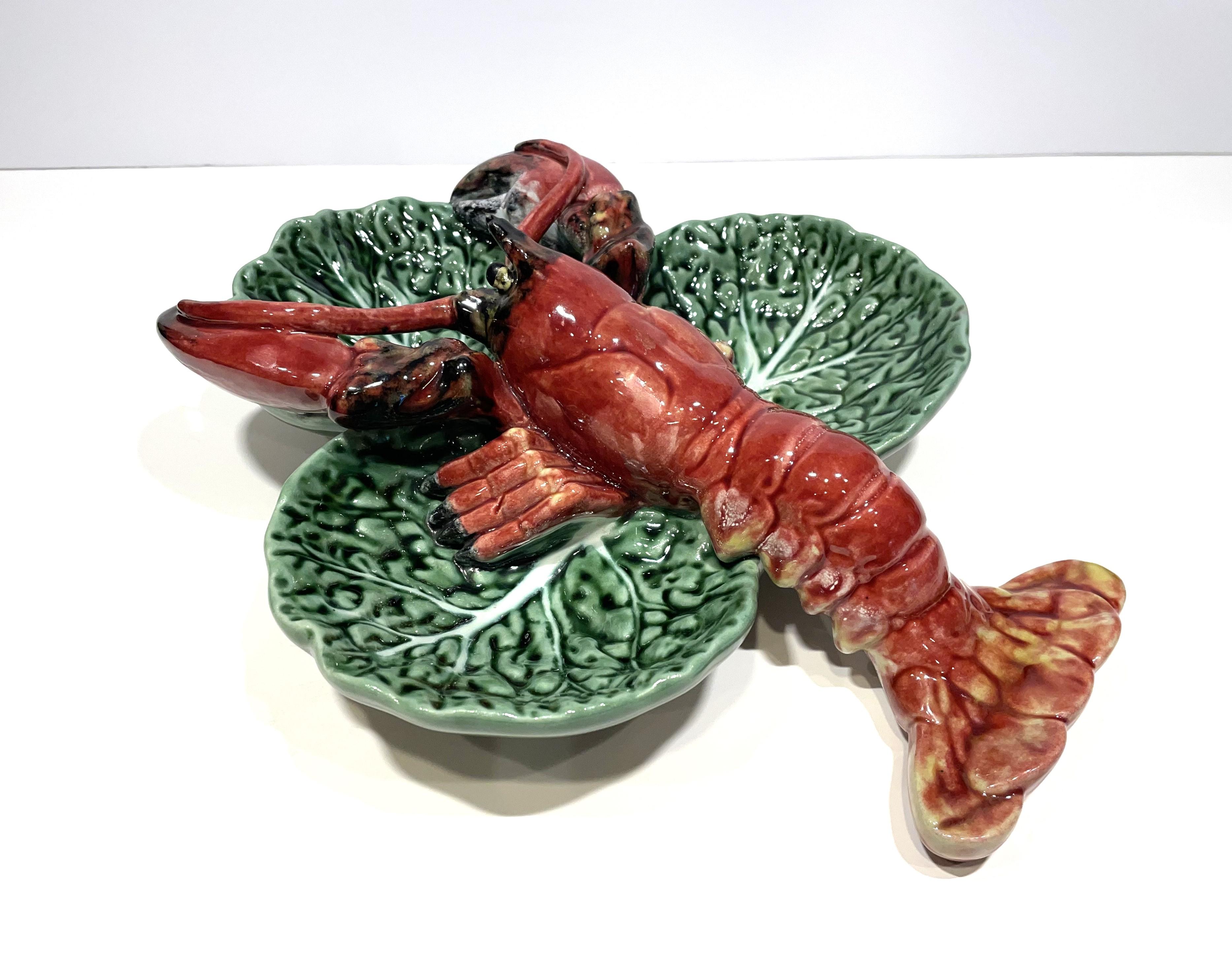 Portuguese Vintage Hand-Painted Ceramic Lobster Serving Dish For Sale