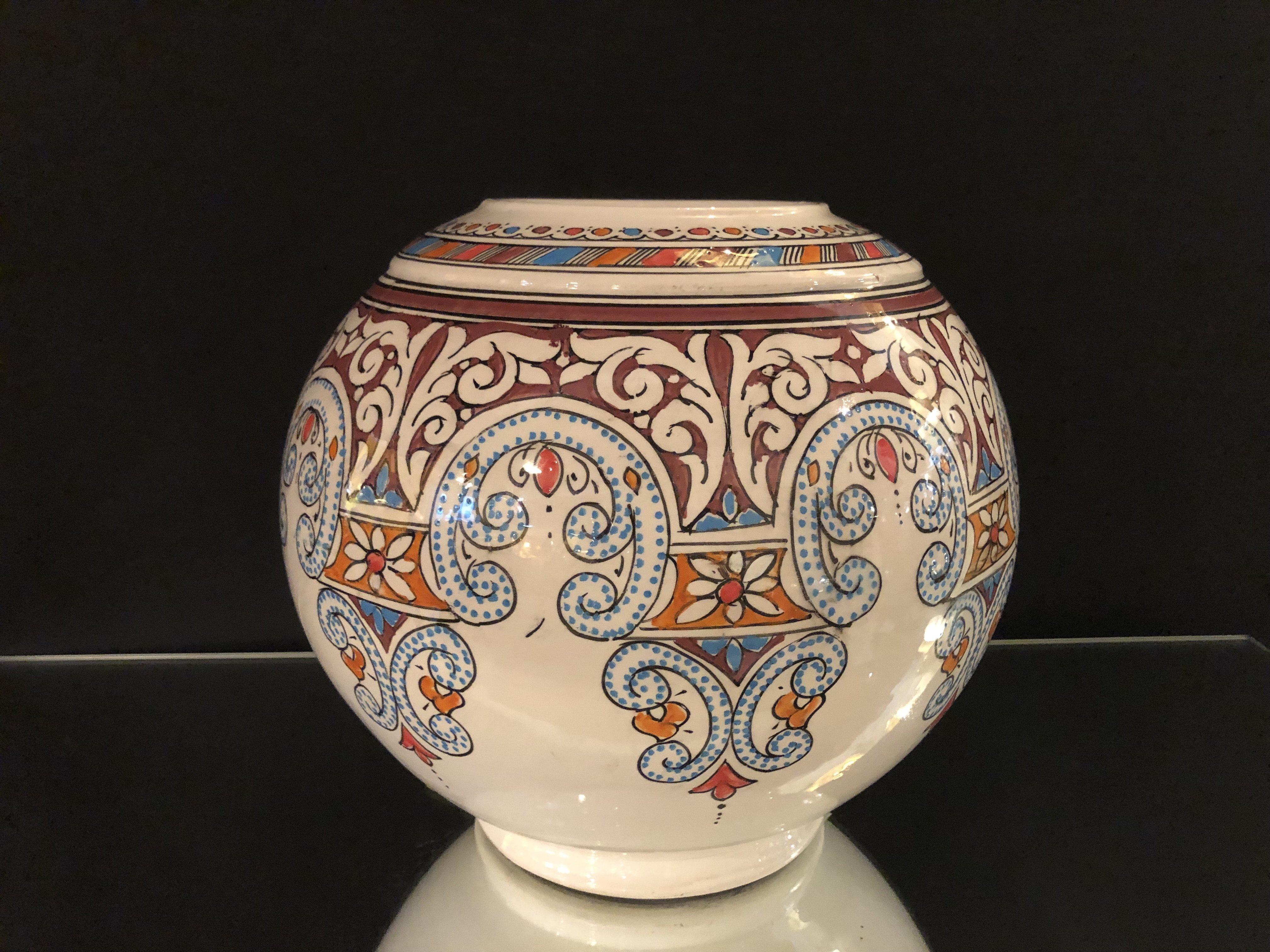 Moorish Vintage Hand Painted Ceramic Moroccan Vase or Urn For Sale