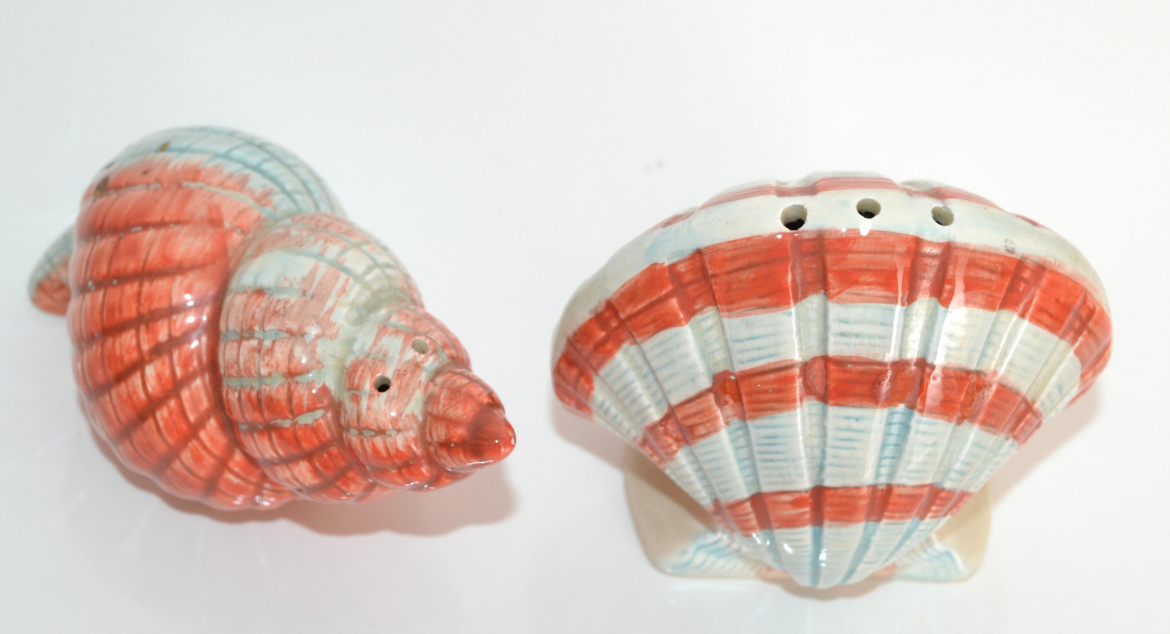 American Vintage Hand-Painted Ceramic Nautical Seashell Salt & Pepper Shakers Collectible For Sale