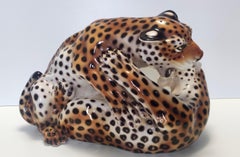 Vintage Hand Painted Ceramic Pair of Fighting Jaguars by Giovanni Ronzan, Italy