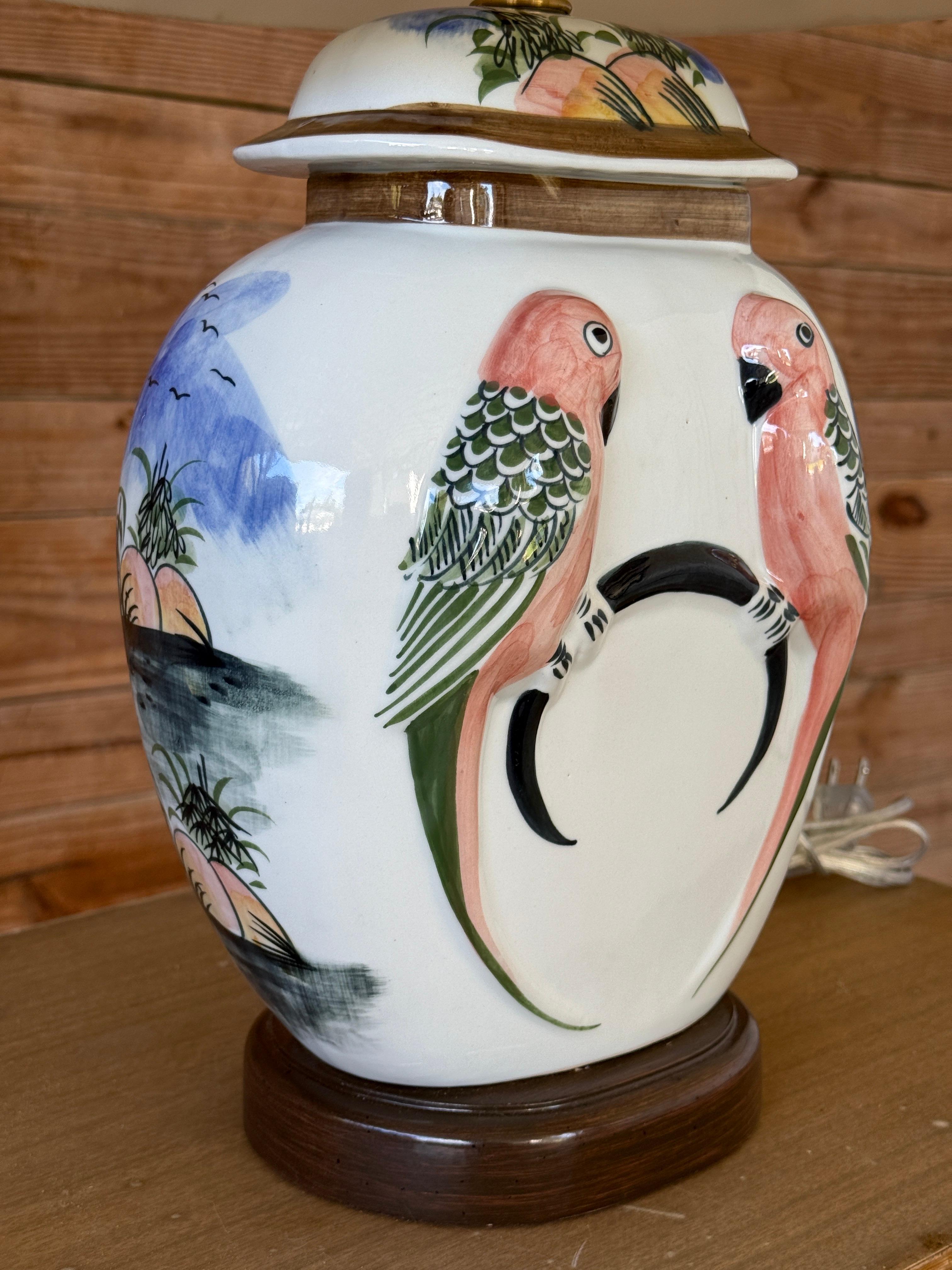 Lampe de table vintage en céramique peinte à la main avec abat-jour original en vente 3