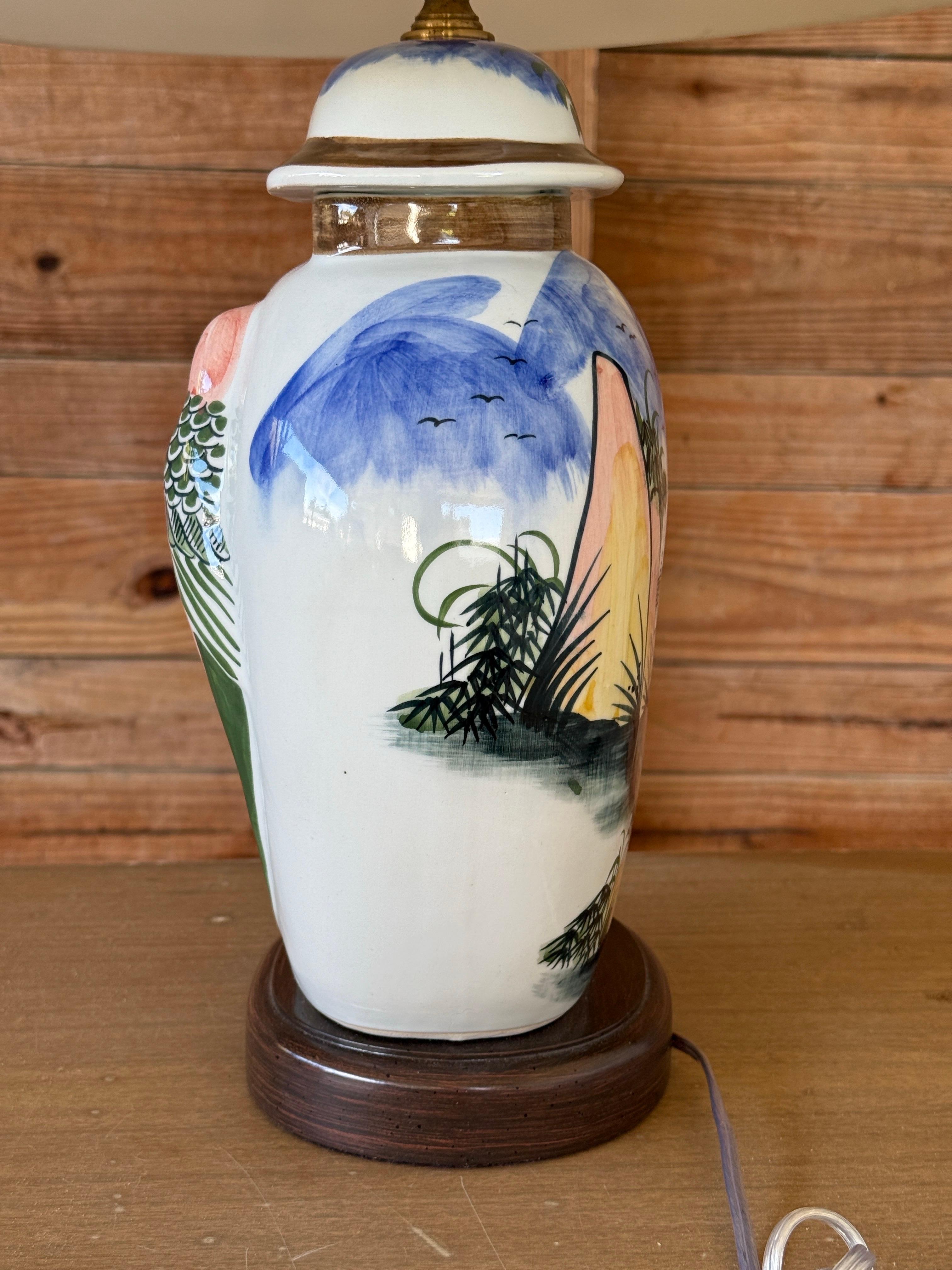 Lampe de table vintage en céramique peinte à la main avec abat-jour original en vente 5