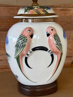 Vintage Hand-Painted Ceramic Parrot Ginger Jar Table Lamp With Original Shade