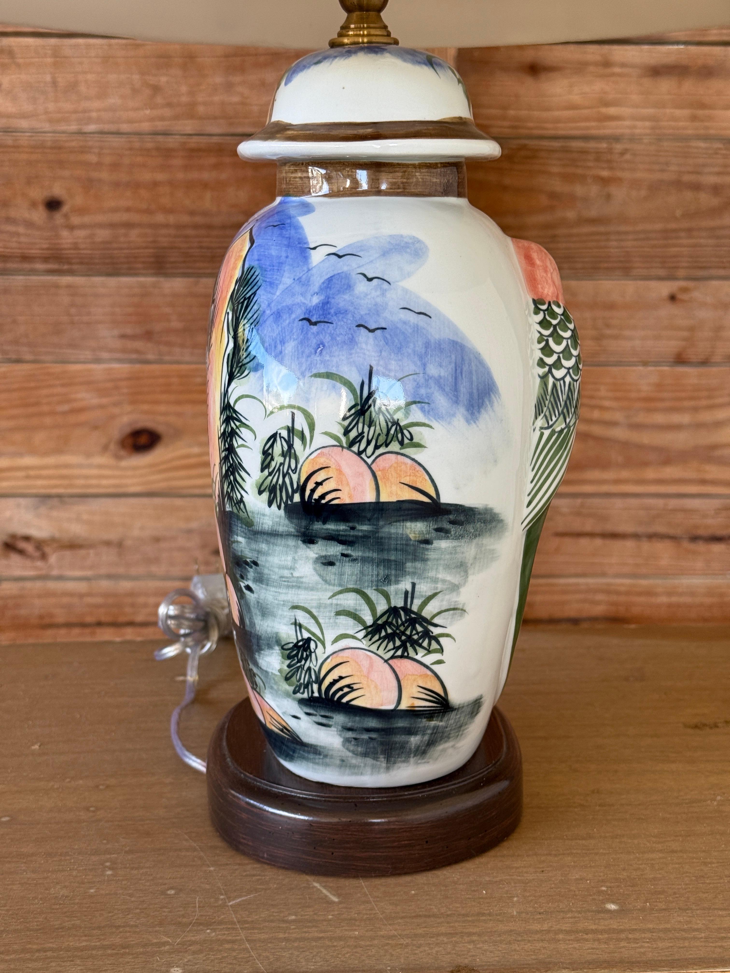 Fait main Lampe de table vintage en céramique peinte à la main avec abat-jour original en vente
