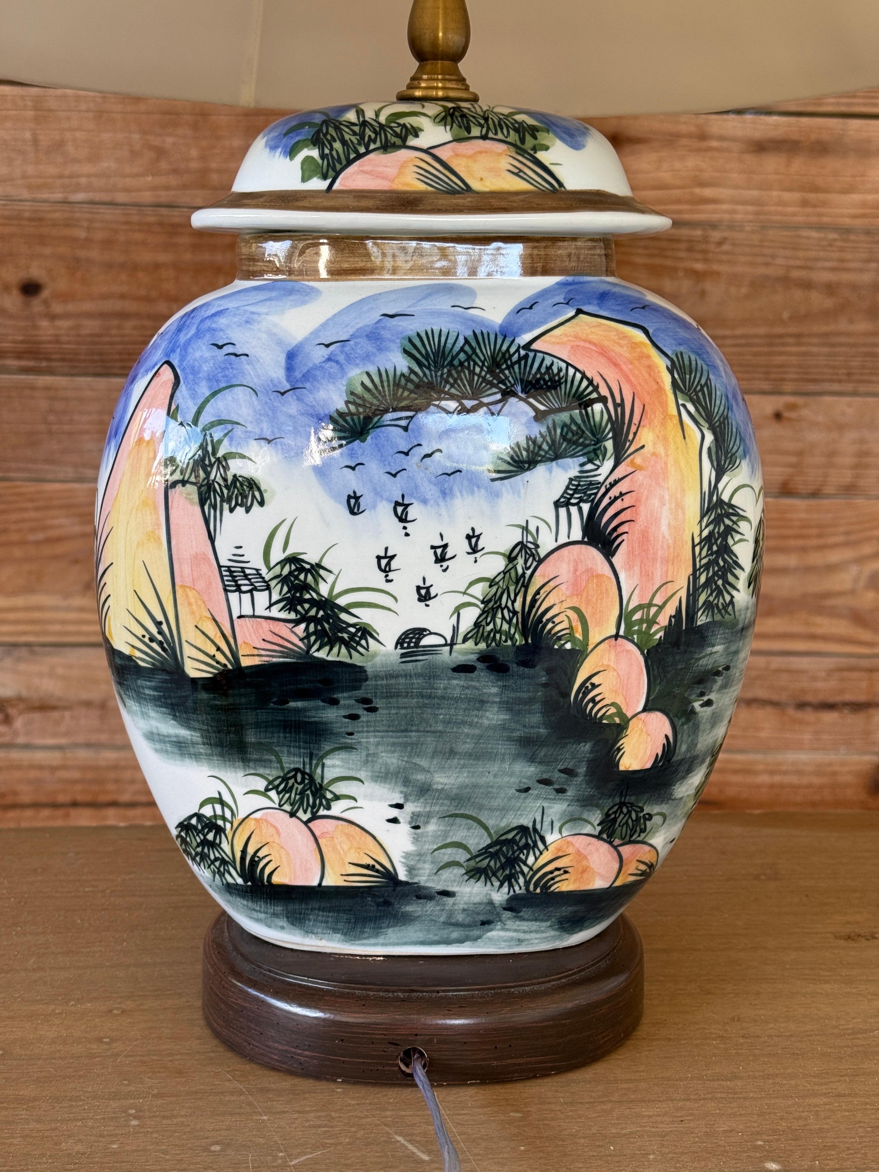 Fin du 20e siècle Lampe de table vintage en céramique peinte à la main avec abat-jour original en vente