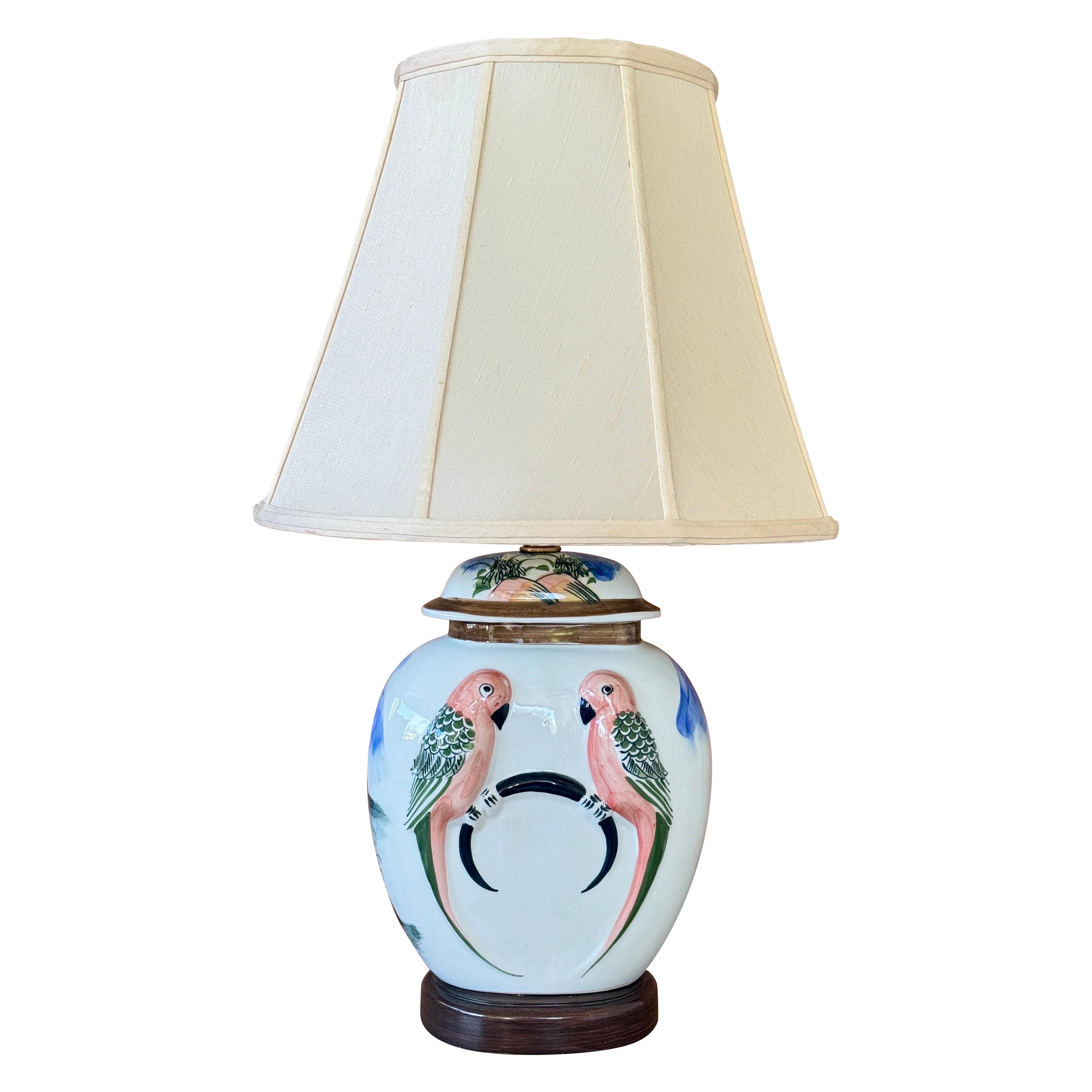Lampe de table vintage en céramique peinte à la main avec abat-jour original