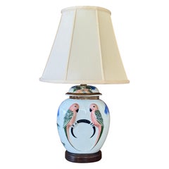Vintage Hand-Painted Ceramic Parrot Ginger Jar Table Lamp With Original Shade